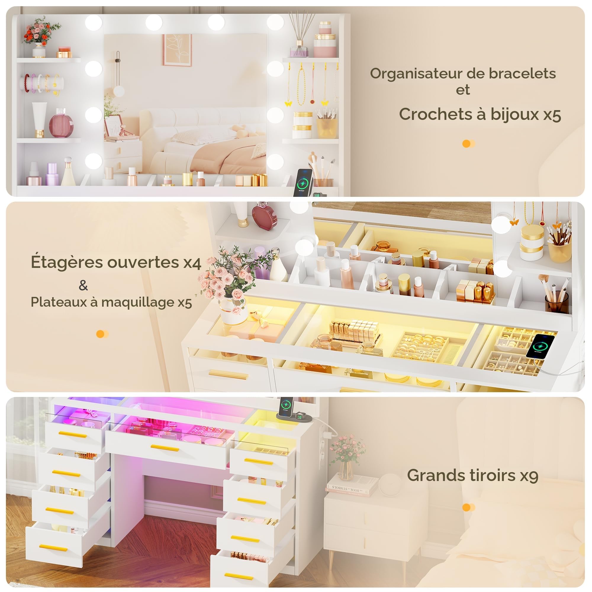 ANWBROAD Coiffeuse avec Miroir et Éclairage LED 3 Couleurs Grande Coiffeuse avec Plateau en Verre 9 Tiroirs RGB 4 Étagères Table de Maquillage avec Prise de Courant pour Chambre Moderne Blanc BDT95W
