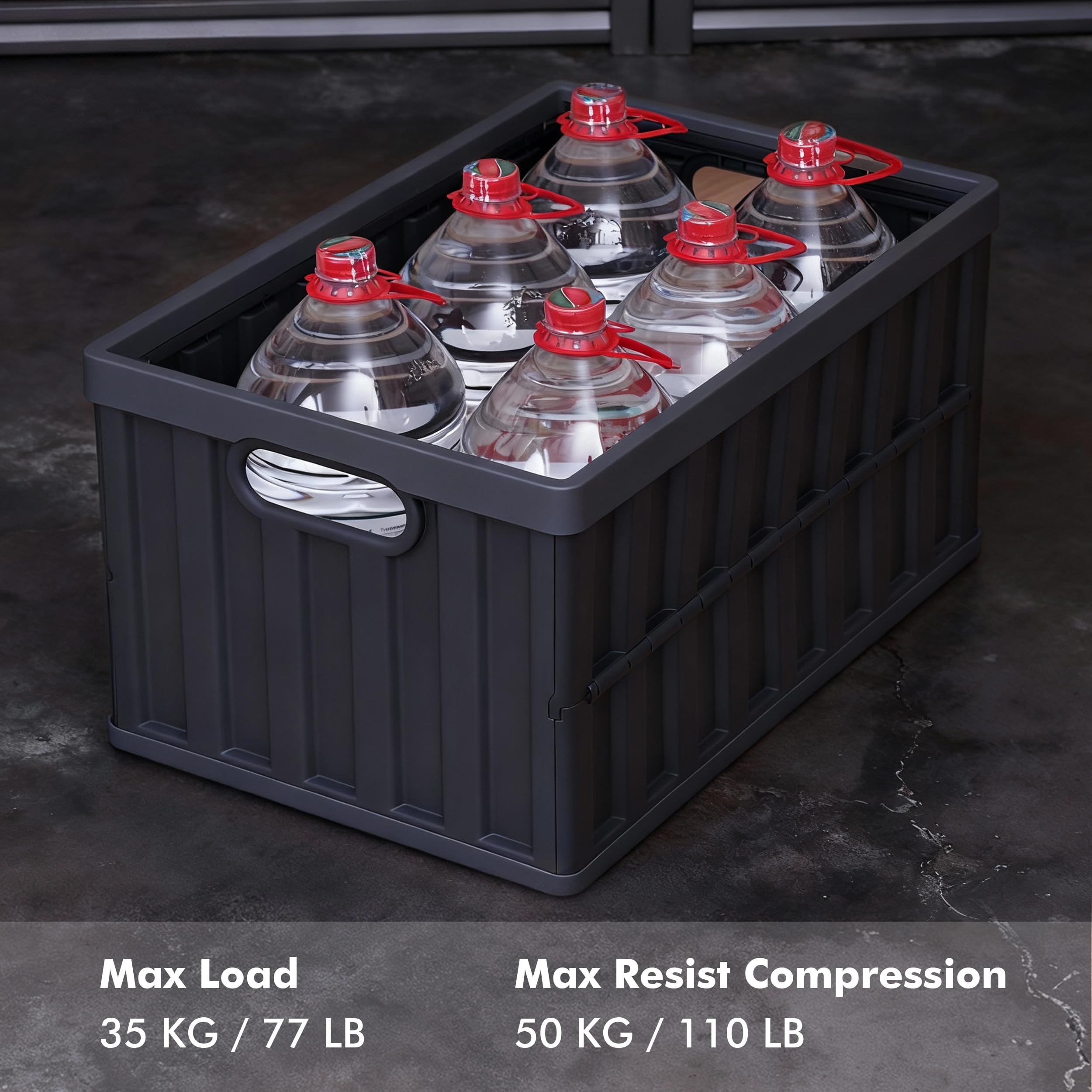 4er Set 64L klappbox Faltbar Stabil Plastik Faltbox, Campingbox Collapsible Transportbox für die Organisation große Heavy Outdoor, Bad, Küche, Büro, Wohnzimmer (Grau)