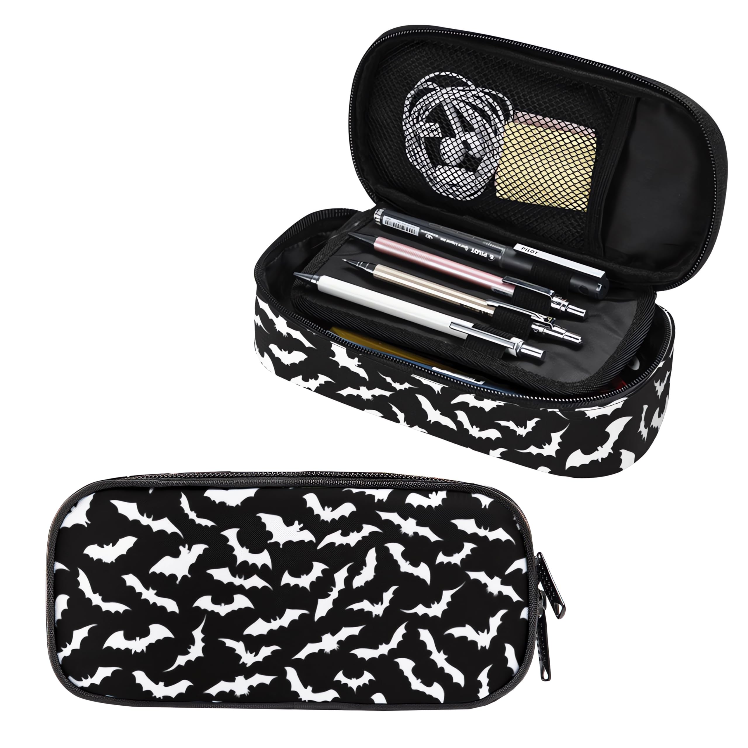 GOWRACOG Gothic Bat Pencil Case for Student Girl Boy, Big Capacity Black Pen Bag with Zipper, Animal Themed Pencil Pouch, Cosmetic Makeup Bag