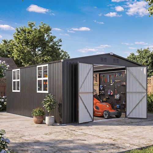 AECOJOY 12' x 18' Waterproof Metal Outdoor Storage Shed with Windows, Large Heavy Duty Outside Storage Shed with Lockable Wide Doors, Ventilated Garden Tool Shed for Backyard, Patio - Dark Grey