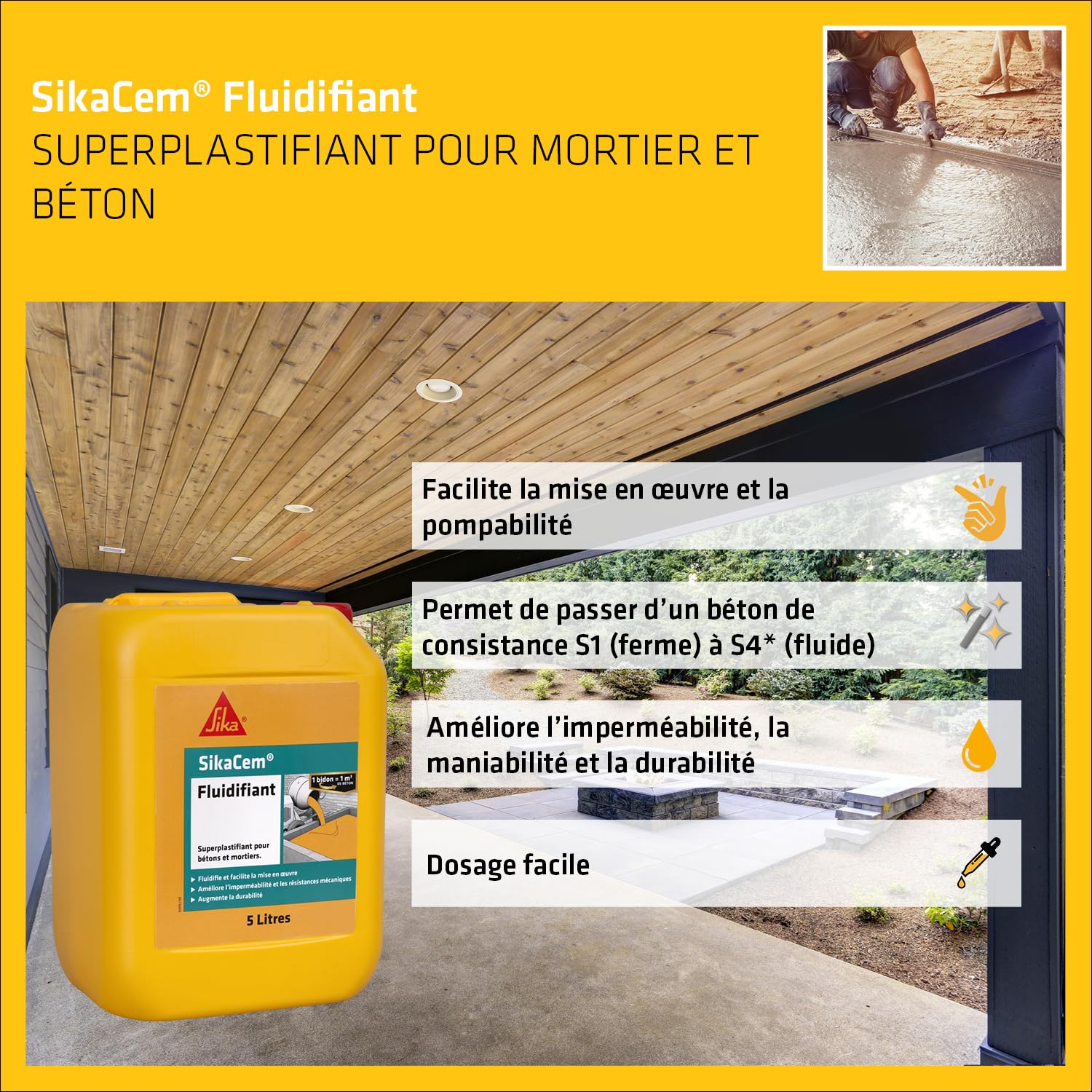 SIKA - Superplastifiant béton et mortier - SikaCem Fluidifiant - 5L | Améliore la maniabilité du béton - Réduit l’eau de gâchage - Augmente les résistances mécaniques - Améliore la durabilité