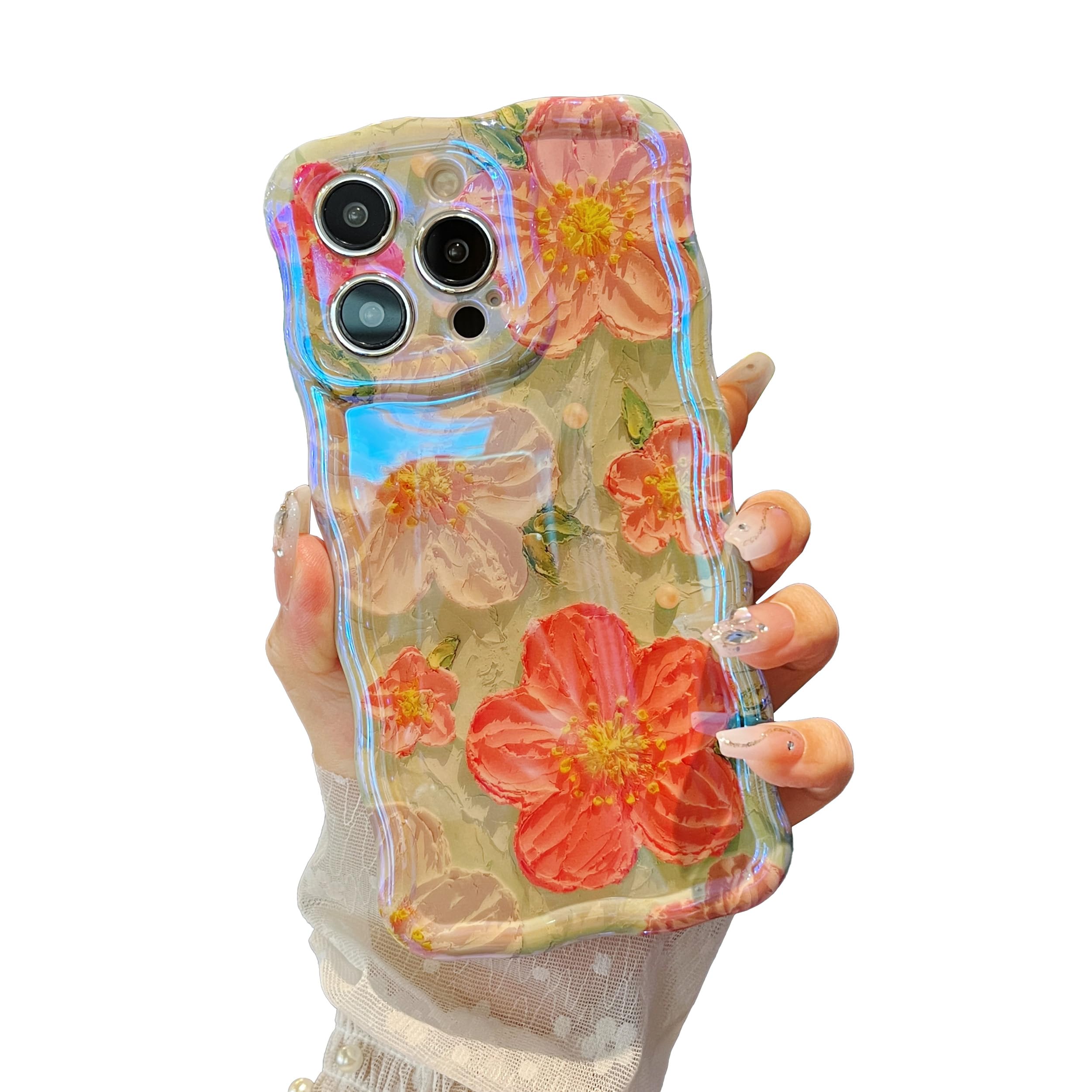 XIZYO Case for iPhone 14 Pro Max, Colorful Retro Oil Painting Flower Cute Floral Aesthetic Curly Wave Frame Laser Glossy Reflective Exquisite Stylish
