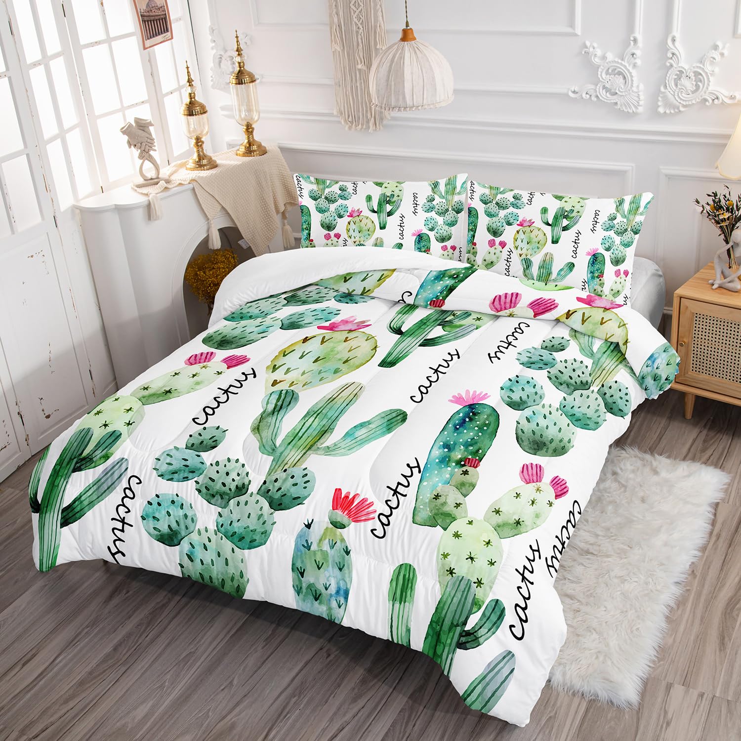 AILONEN Cartoon Cactus Comforter Set Twin Size, Cute Style Succulent Plant Bedding Set for Kids Girls,Mexican Texas Cactus Plants Bed in a Bag,1 Quilt Set 2 Pillowcases,3 PCS