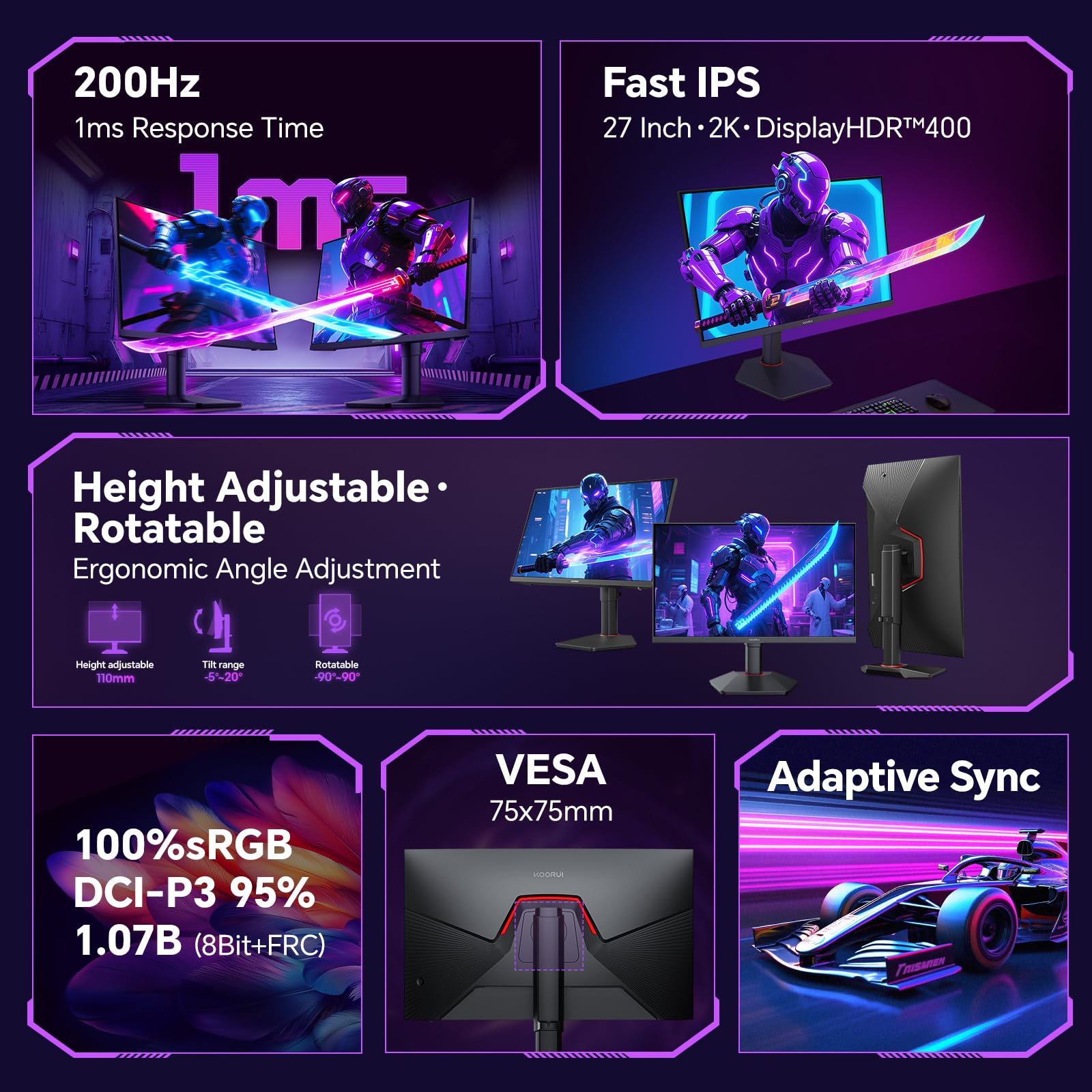 KOORUI 27 Pollici Gaming Monitor, schermo PC Fast IPS QHD 200Hz, Adaptive Sync 1ms, HDR400, HDMI 2.0 e DP 1.4, VESA 75x75 mm, altezza regolabile