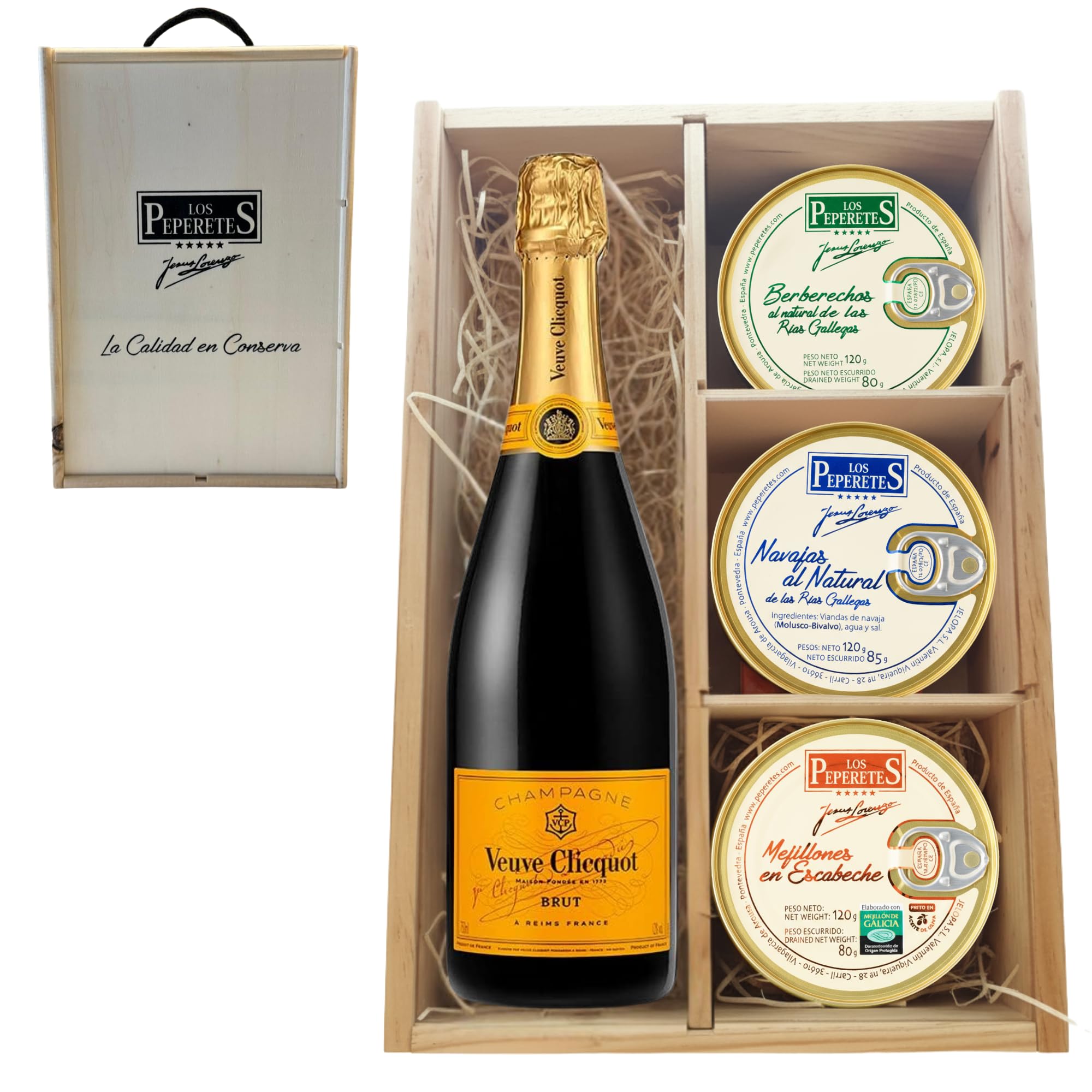 LOS PEPERETES Pack Gourmet Marisco Gallego con Champagne Veuve Clicquot | Berberechos ×2 · Navajas ×2 · Mejillones en Escabeche ×2 | Lote Delicatessen Selección Gourmet