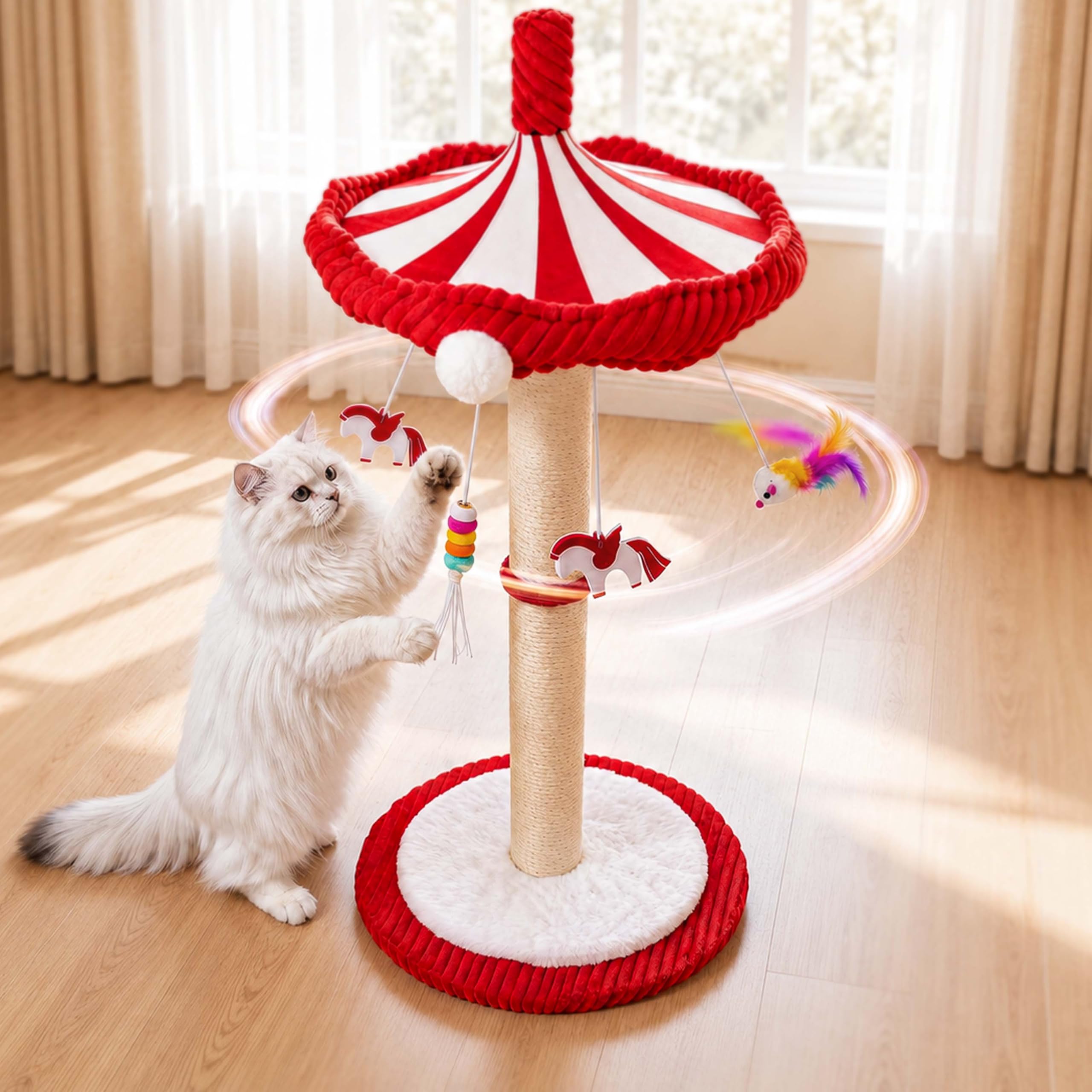 Carousel Interaktives Katzenspielzeug für Indoor-Katzen, 99,1 cm hohe Katzenkratzbäume für Indoor-Katzen Erwachsene mit drehbarem Oberteil, niedlicher Katzenkratzbaum mit hängendem