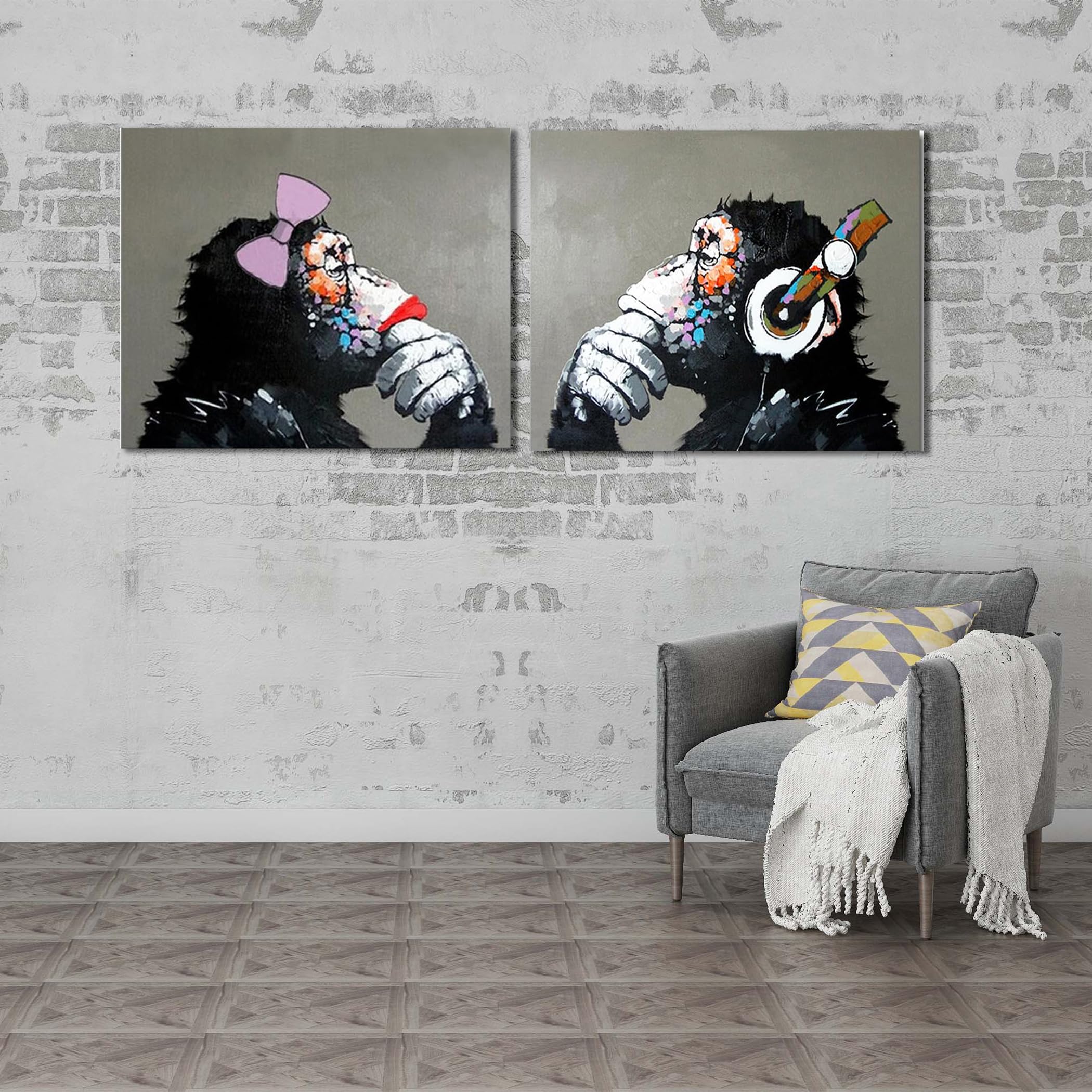 Peint À La Main Peinture À L'huile Sur Toile Écouter Musique Pop Gorille Couple Amant Mur Décor Encadré Prêt à Accrocher