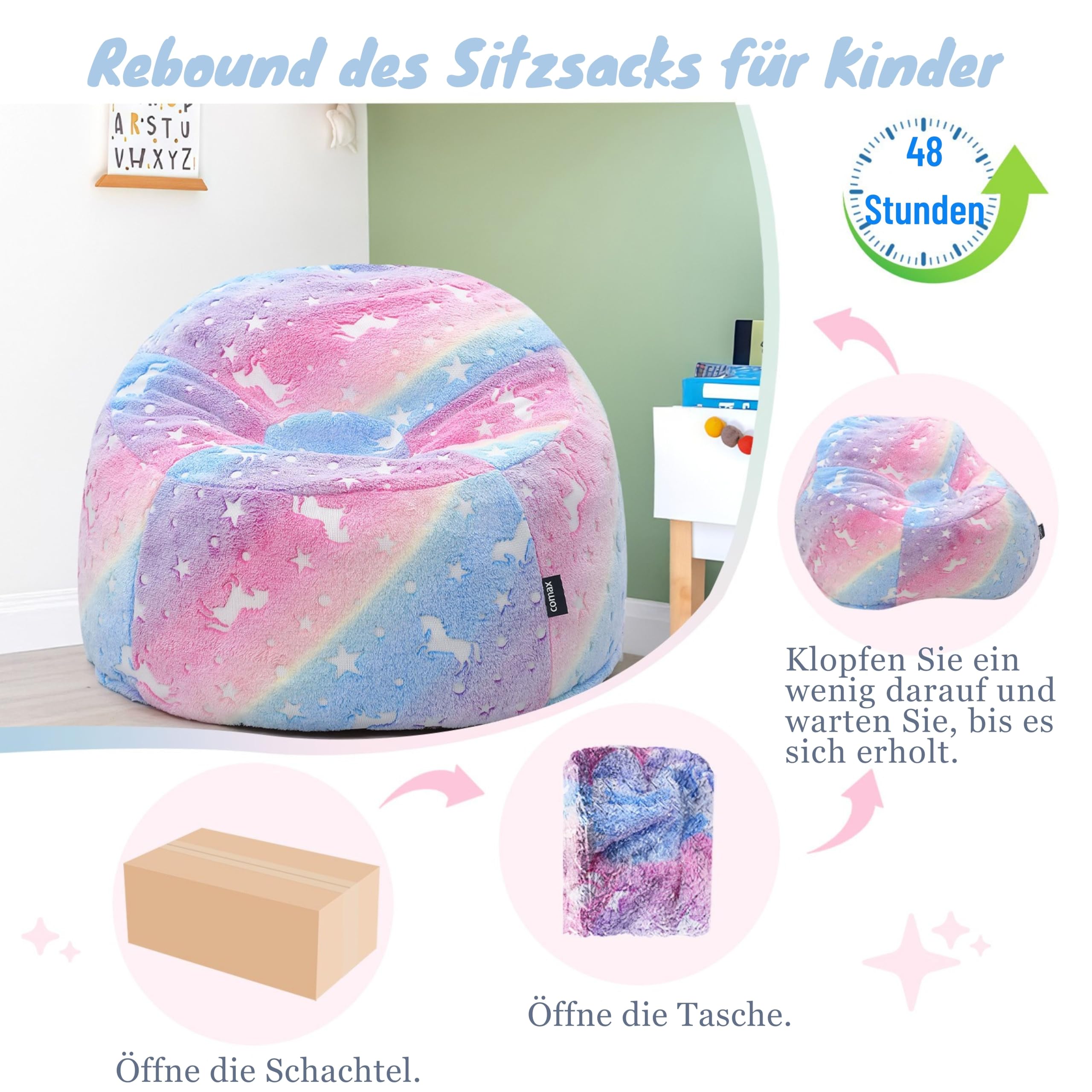 MeMoreCool Sitzsack für Kinder von 8-12 Jahren – Kinder Sitzsack Sofa mit Füllung, Bohnensack für Mädchen und Jungen, gemütlicher Bodenstuhl für Spielzimmer & Kinderzimmer, Regenbogen-Muster