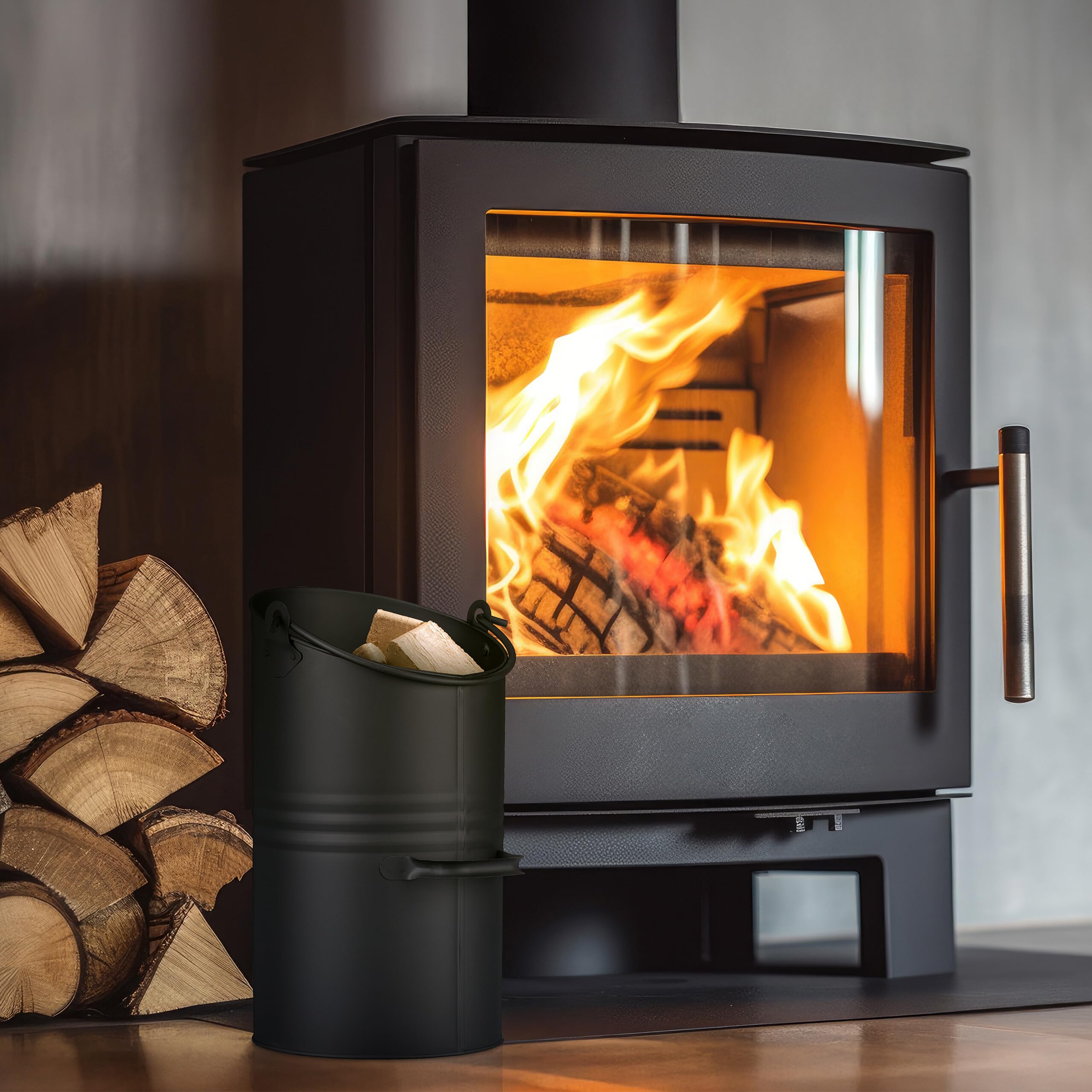 Relaxdays Cubo de Carbón 12 L, Hierro, Recipiente para Pellets con 2 Asas, Recogedor de Cenizas Chimenea, Metal, Negro