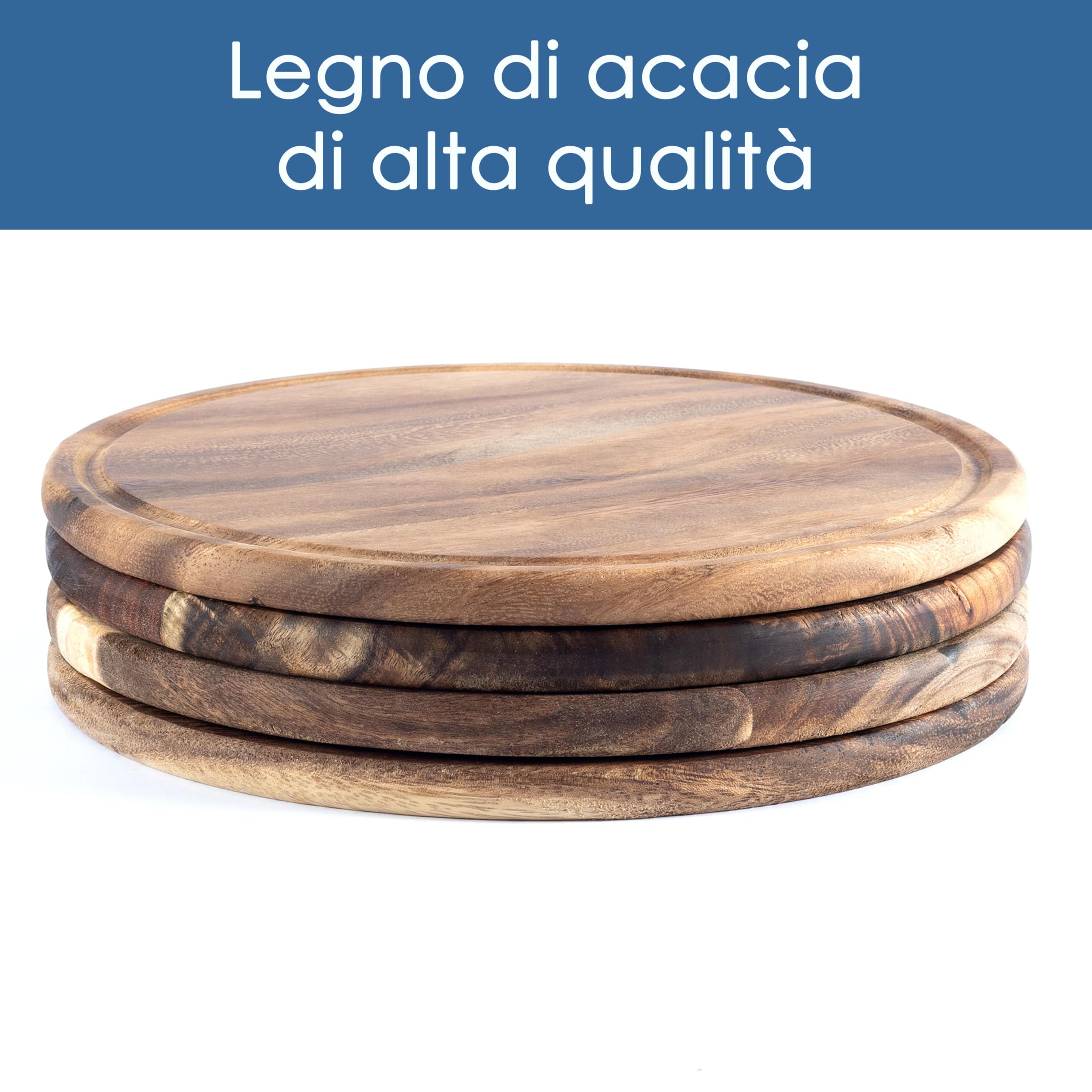 Hanseküche Tagliere per carne in legno di acacia, Ø 25 cm – Set da 4 piatti rotondi in legno – Ideale come tagliere per il pranzo, tagliere per pane, tagliere per servire e tagliere da cucina
