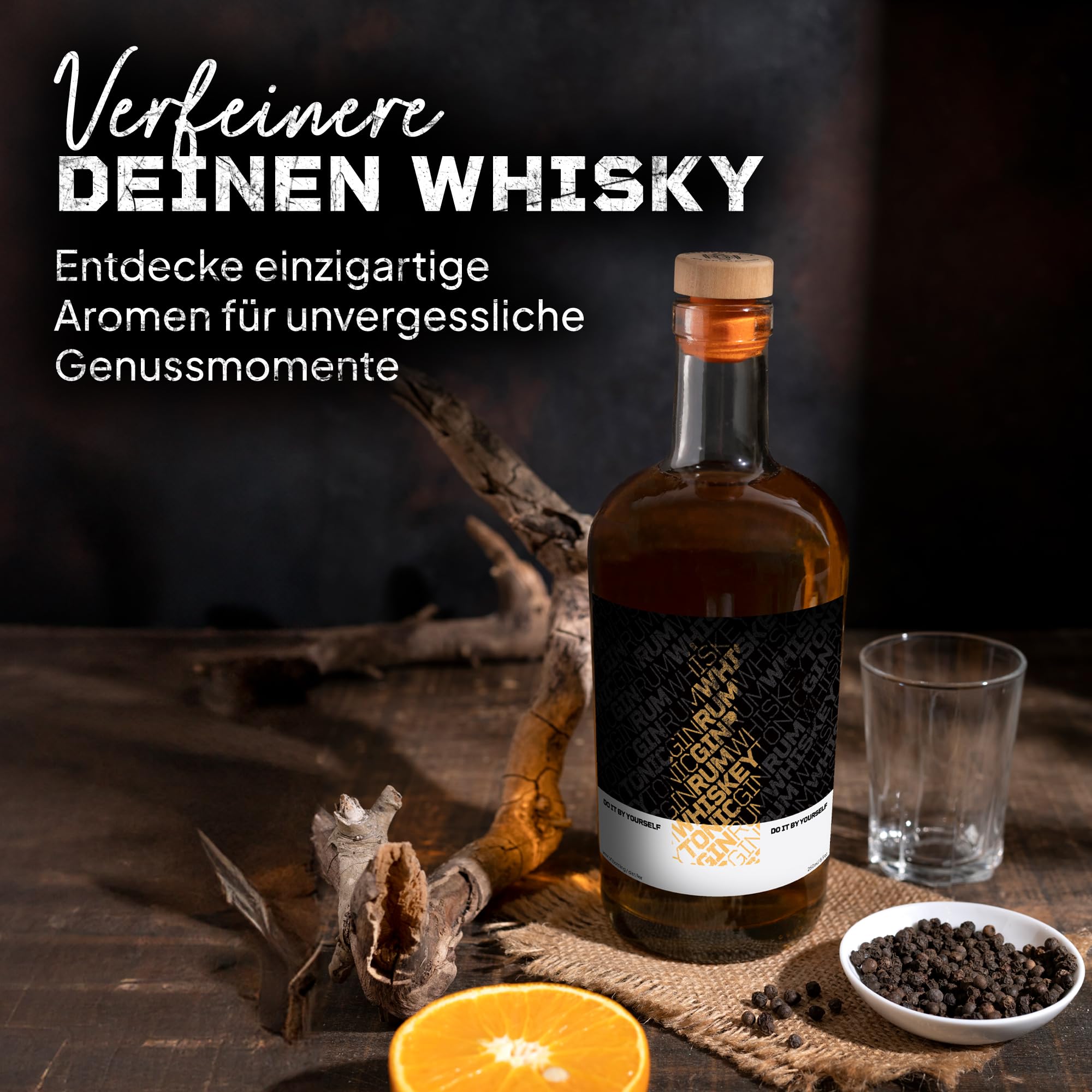 Whisky Set zum Selber Machen – Whiskey DIY Geschenkset für Männer mit 12 Botanicals | 3 Flaschen à 250ml, Eichenspäne aus Bourbon-Eiche | Vatertag Geburtstag Weihnachten | Handgefertigt EU | DIBYS