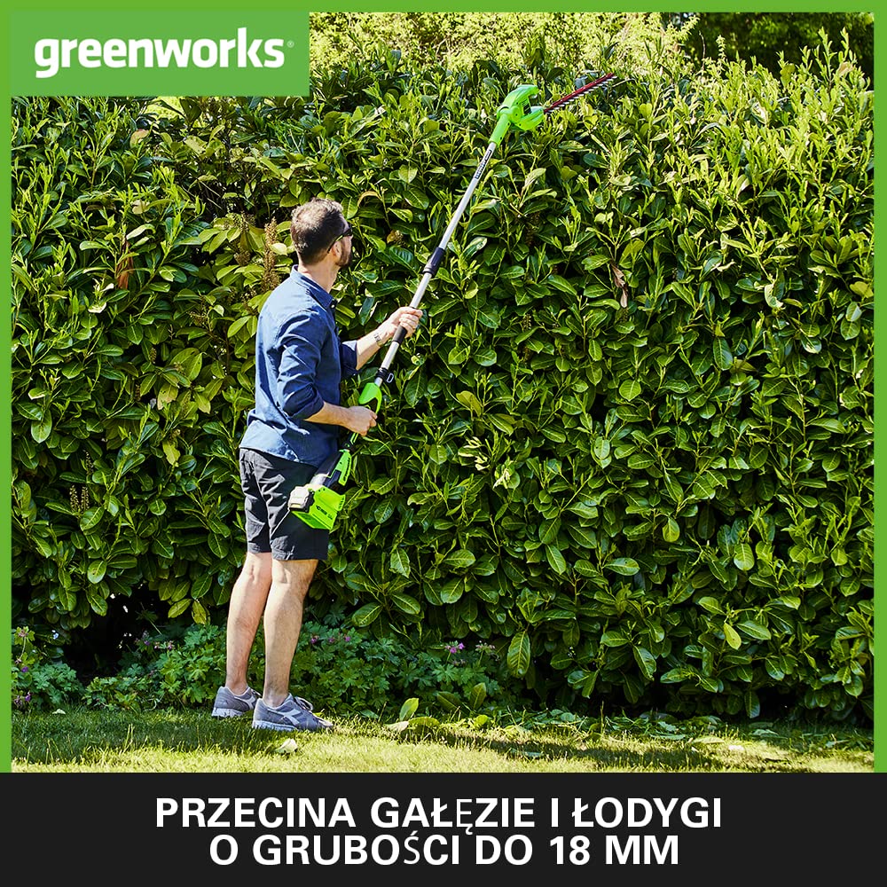 Greenworks G40PHA Akumulatorowe Nożyce do Żywopłotu na Wysięgniku Ostrza o Podwójnym Działaniu 51 cm Cięcie Gałęzi do 18 mm Obrót Głowicy 125 Stopni 3000 Cięć na Minutę BEZ Baterii 40V i Ładowarki