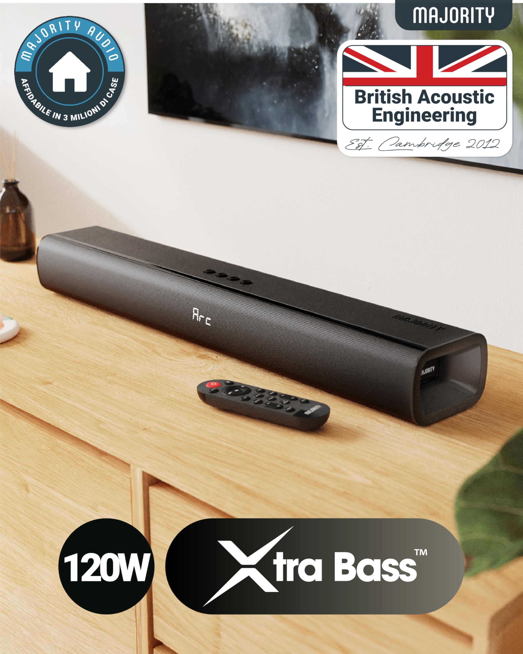 Majority 120W Barra Soundbar TV Sound Bar con Bluetooth 24" 2.1 Ottico AUX HDMI Home Theater Montabile a Parete