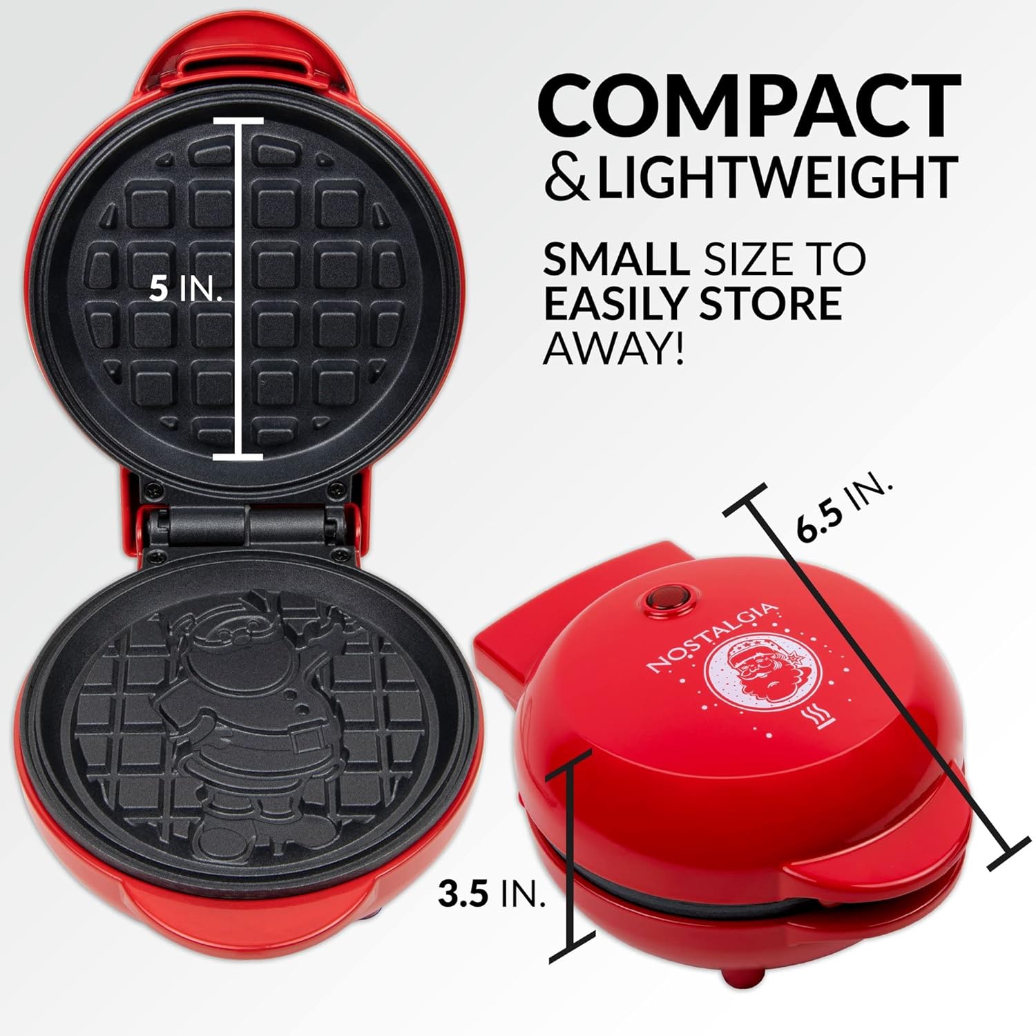 Infographic showing the compact dimensions of the waffle maker: 5 inches wide (open plates), 6.5 inches long, 3.5 inches high.