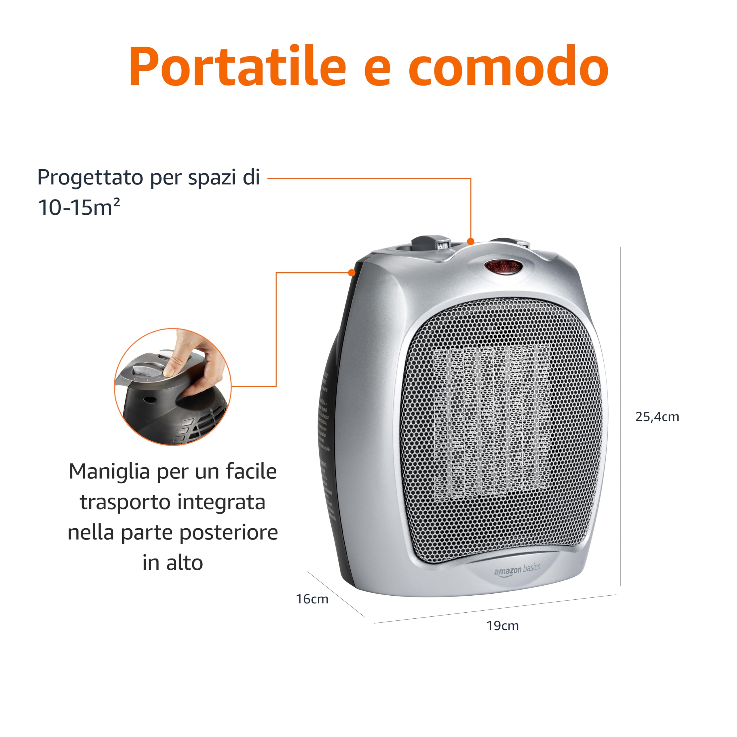 Amazon Basics Termoventilatore in ceramica da 1800 Watt con termostato regolabile - Argento