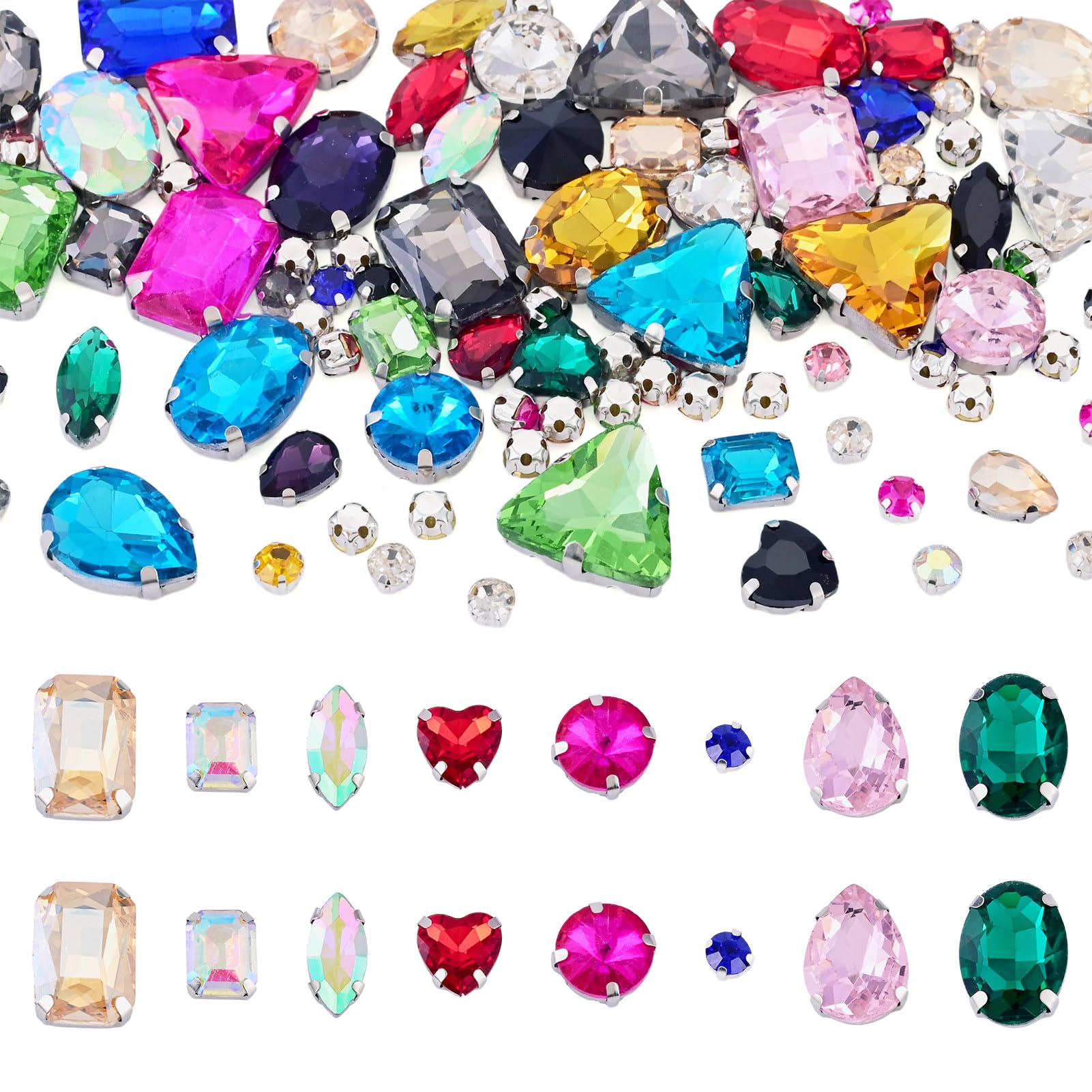 Cheriswelry 100Pcs Sew on Rhinestone Assorted Shapes Faceted Glass Claw Rhinestones with Holes Flatback Crystal Sewing Gems for Jewelry Making DIY Crafts Garment Clothing Dress Decor