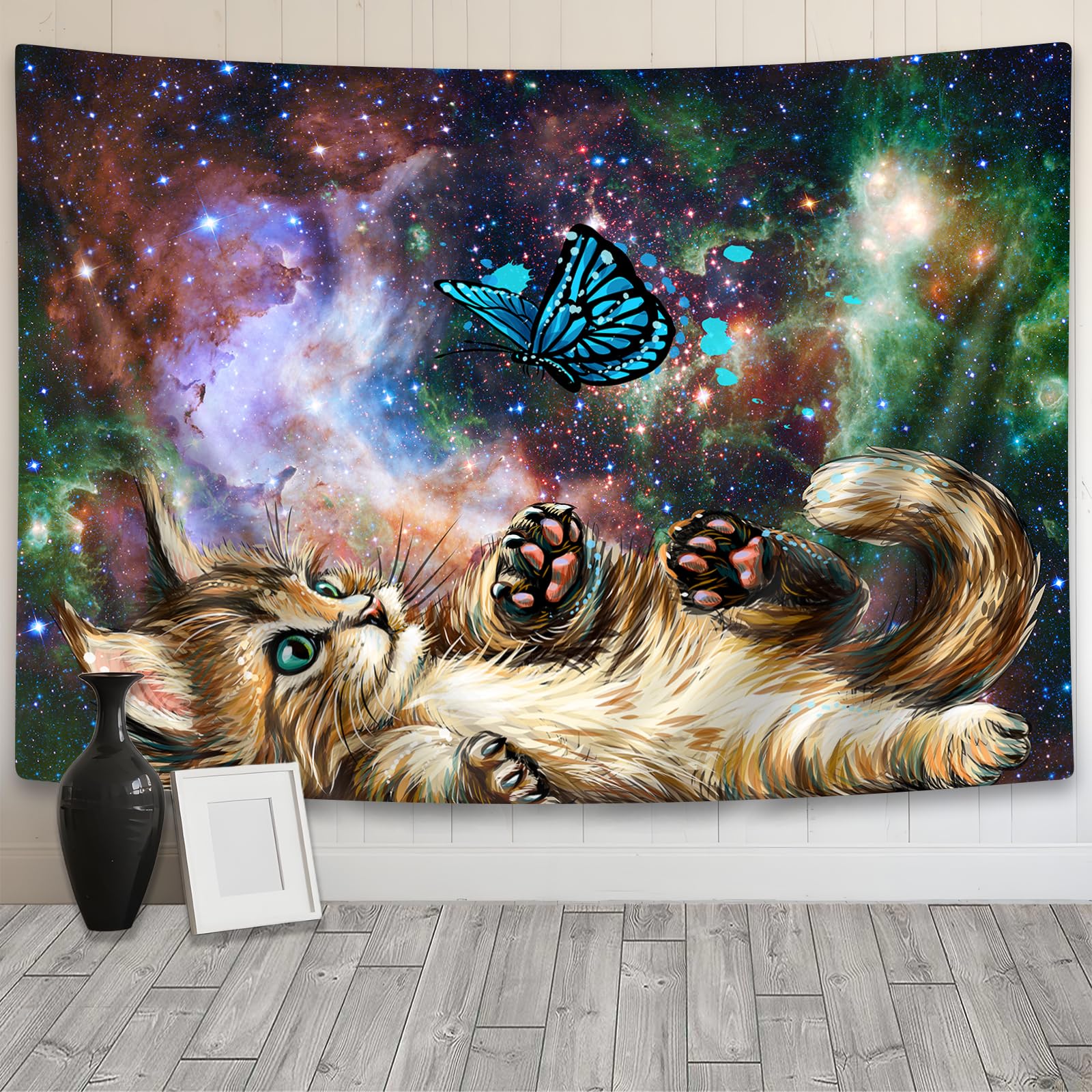 JAWO Cat Wall Tapestry, Hippie Cute Cat Strry Night Tapestries, Fantasy Animal Kitten Nebula Galaxy Artwork Milky Way Space Psychedelic Wall Hanging