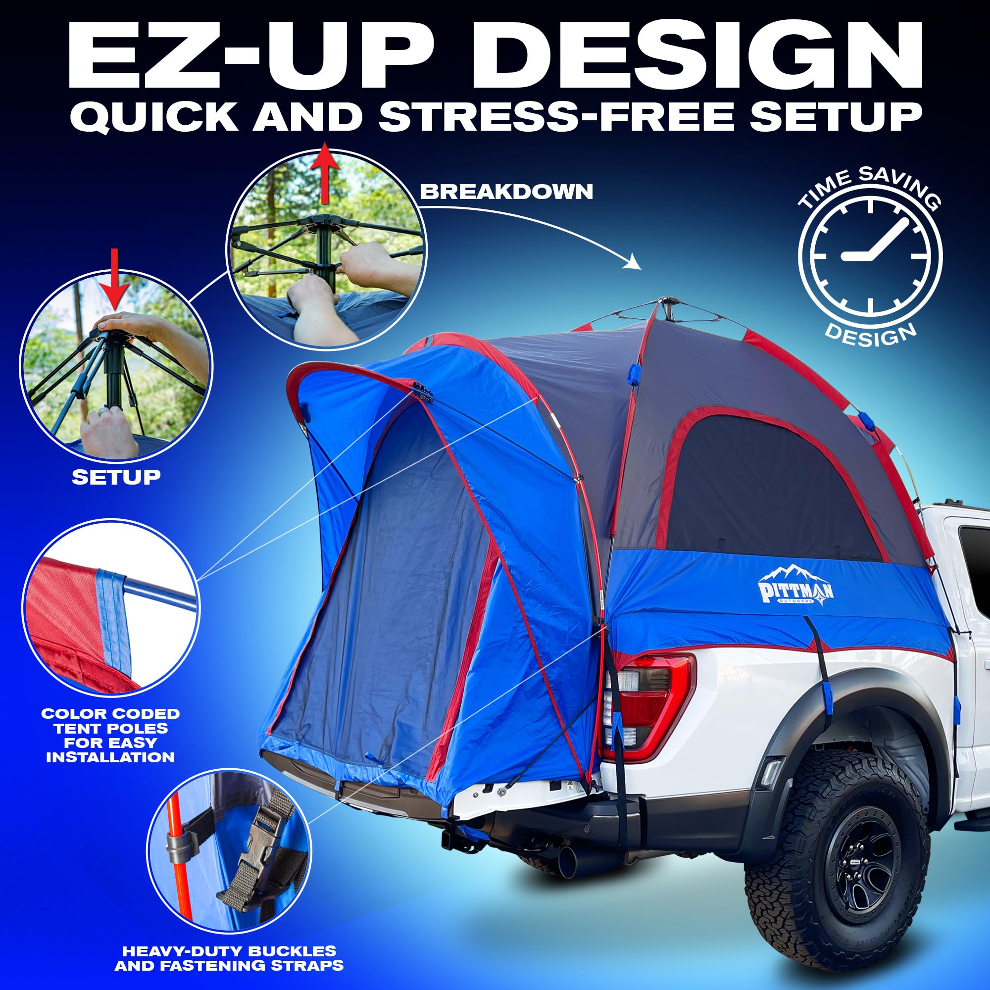 Pittman - Truck Bed Tent 5.5 ft - 5.8ft with EZ-UP Design - Full Size Pickup Truck Tent for Camping - Includes Rain Fly, Extra Wide Entry, Oversize Air Mesh & Porch Cover - Premium Truck Bed Camper