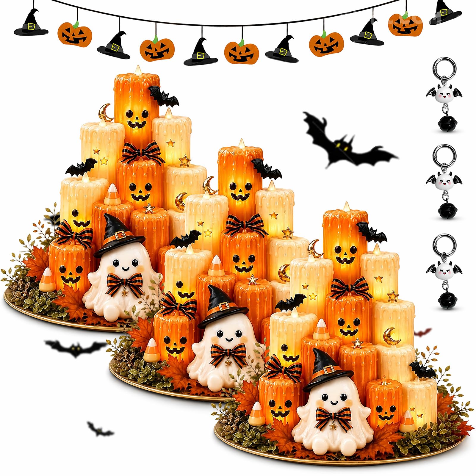 Gienslru Pumpkin Electronic Candle Light, Flameless Warm Hand-Crafted Pumpkin Candle Light Tower, Halloween-Colored Ghost Pumpkins Candy Lights for Mantel Shelf Dining Table Fall Party Home (3pcs)