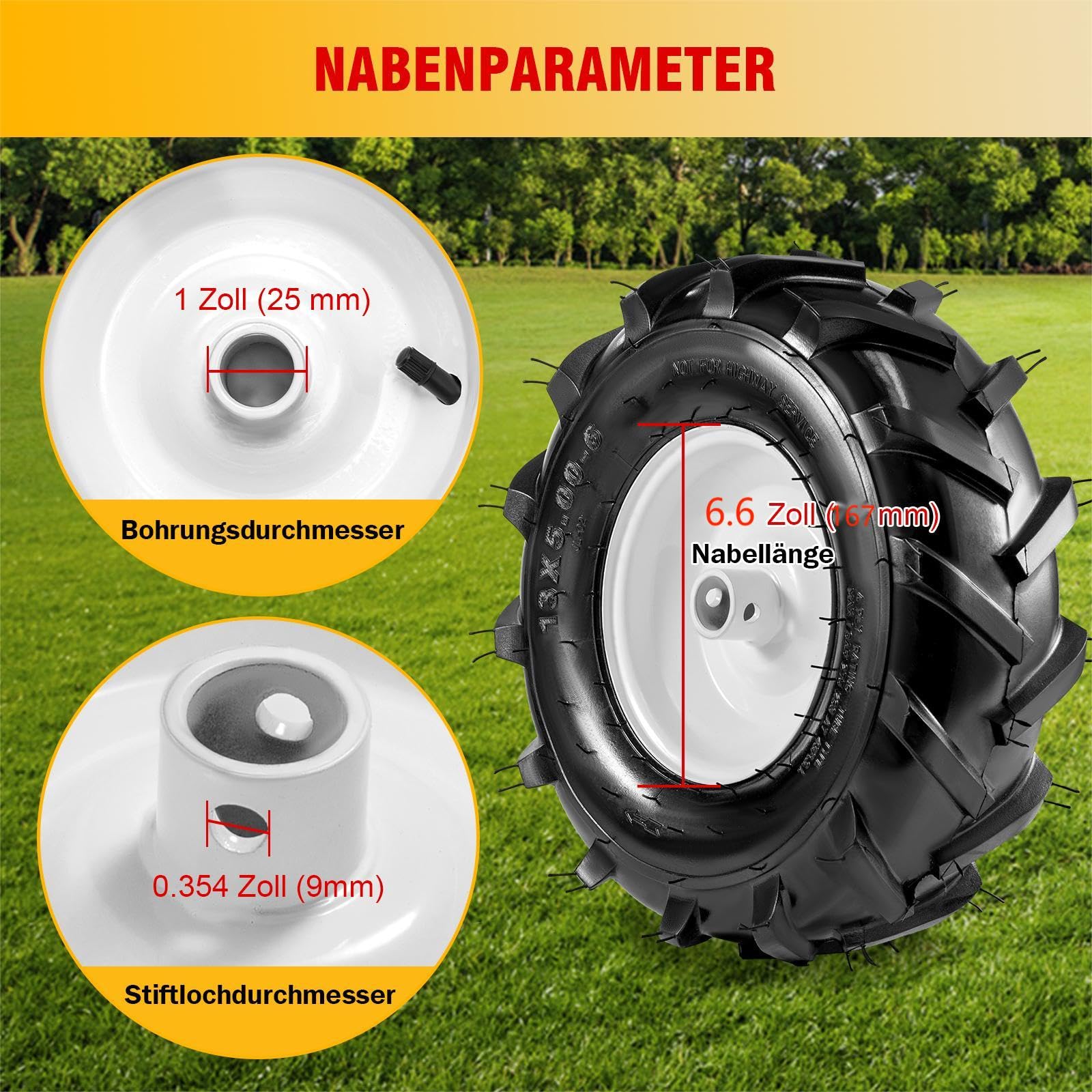 Pneu et roue de cultivateur 13x5.00-6" 2 Emballage à moyeu de 1 pouce et longueur de moyeu centré de 3-1/8 pouces, pneu de remplacement agricole à super crampons pour tracteur et trancheuse
