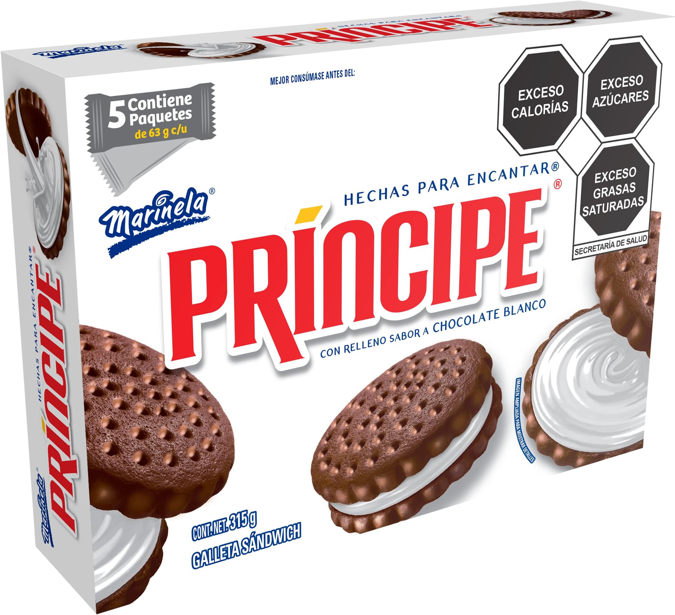 Marinela Galletas PrÃncipe con Chocolate Blanco, 5 paquetes, 315g