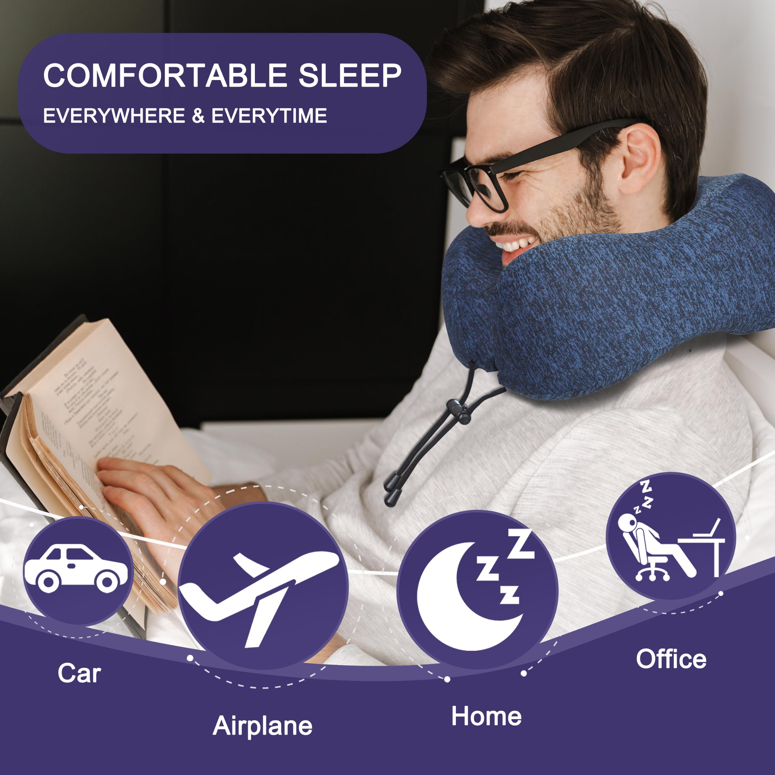 napfun Neck Pillow for Travel, Memory Foam Airplane Pillow, Full Dark Blue view 5