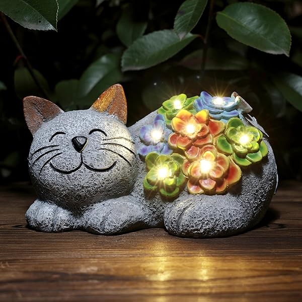 Otdair Solar Cat Decor, Birthday Gifts for Women with Succulent and 7 LED Lights, Christmas Gifts for Mom, Seniors, House Warming New Home Garden Decor for Cat Lover