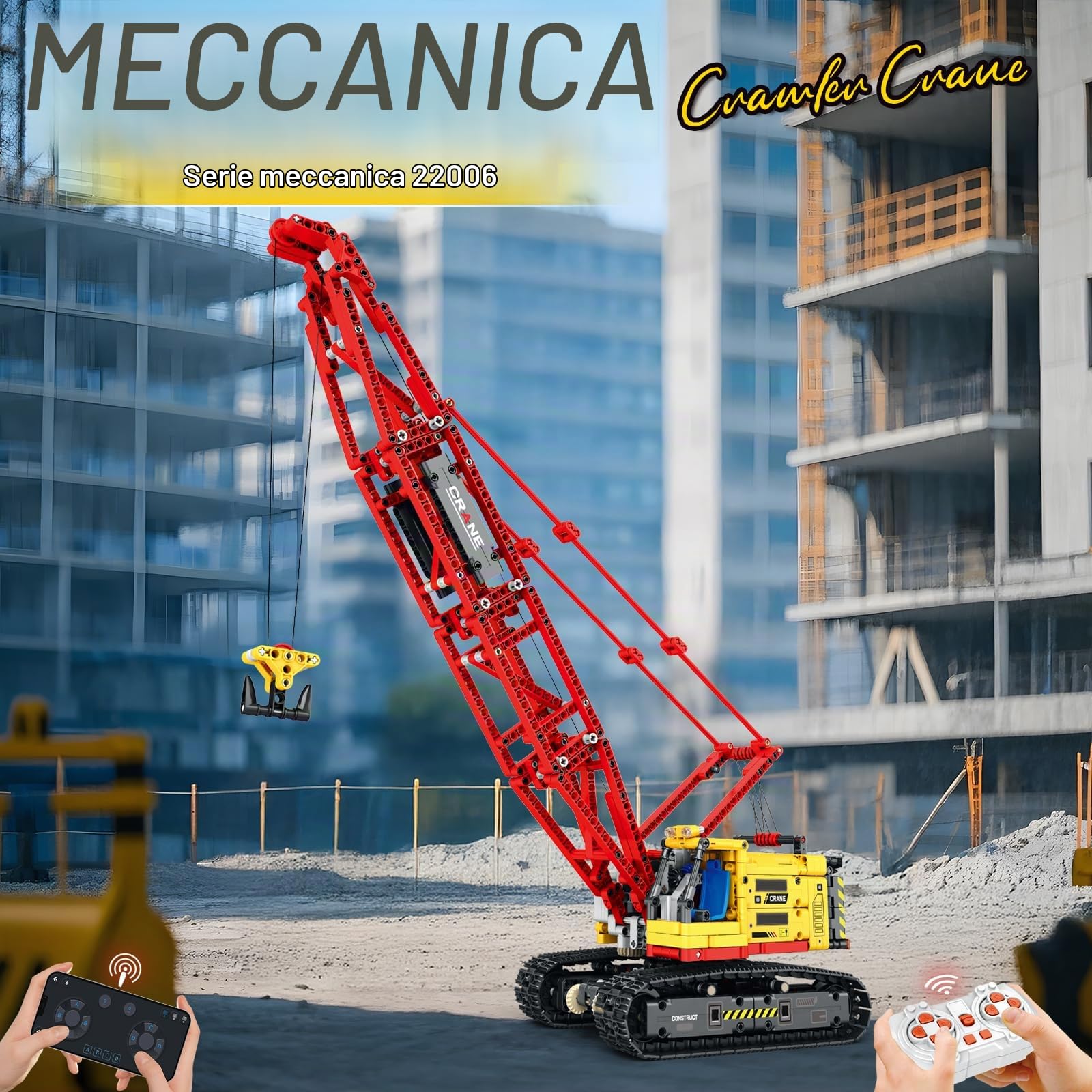 Reobrix Set di blocchi per costruzioni con gru cingolata, veicoli da costruzione con gru telecomandata RC per adulti, camion da ingegneria da 1322 pezzi, idee regalo di compleanno per adulti 22006