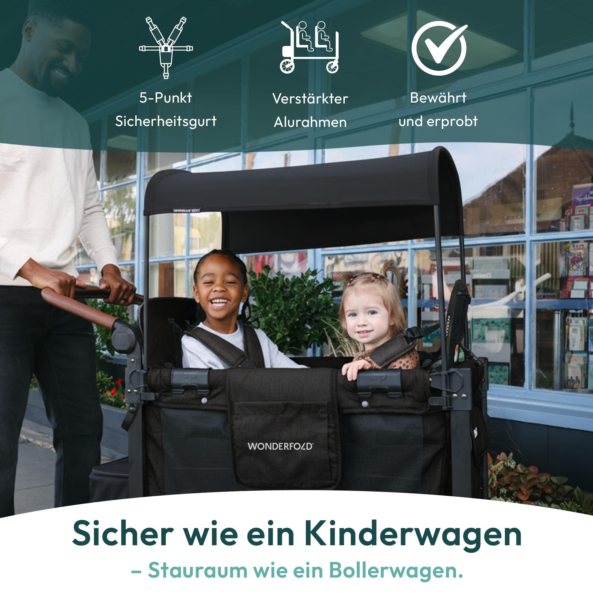 WONDERFOLD W2 Luxe Pro Kinderwagen 2-Sitzer zusammenklappbar mit 5-Punkt-Sicherheitsgurten verstellbarem Sonnendach Schwarz Jet Black
