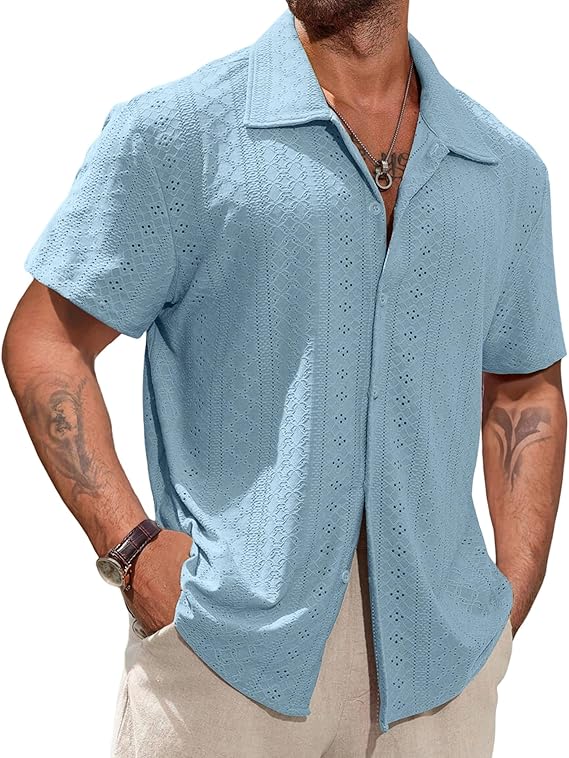 Vssjavun Mens Short Sleeve Button Down Shirts Casual Hollow Out Summer Beach Shirt