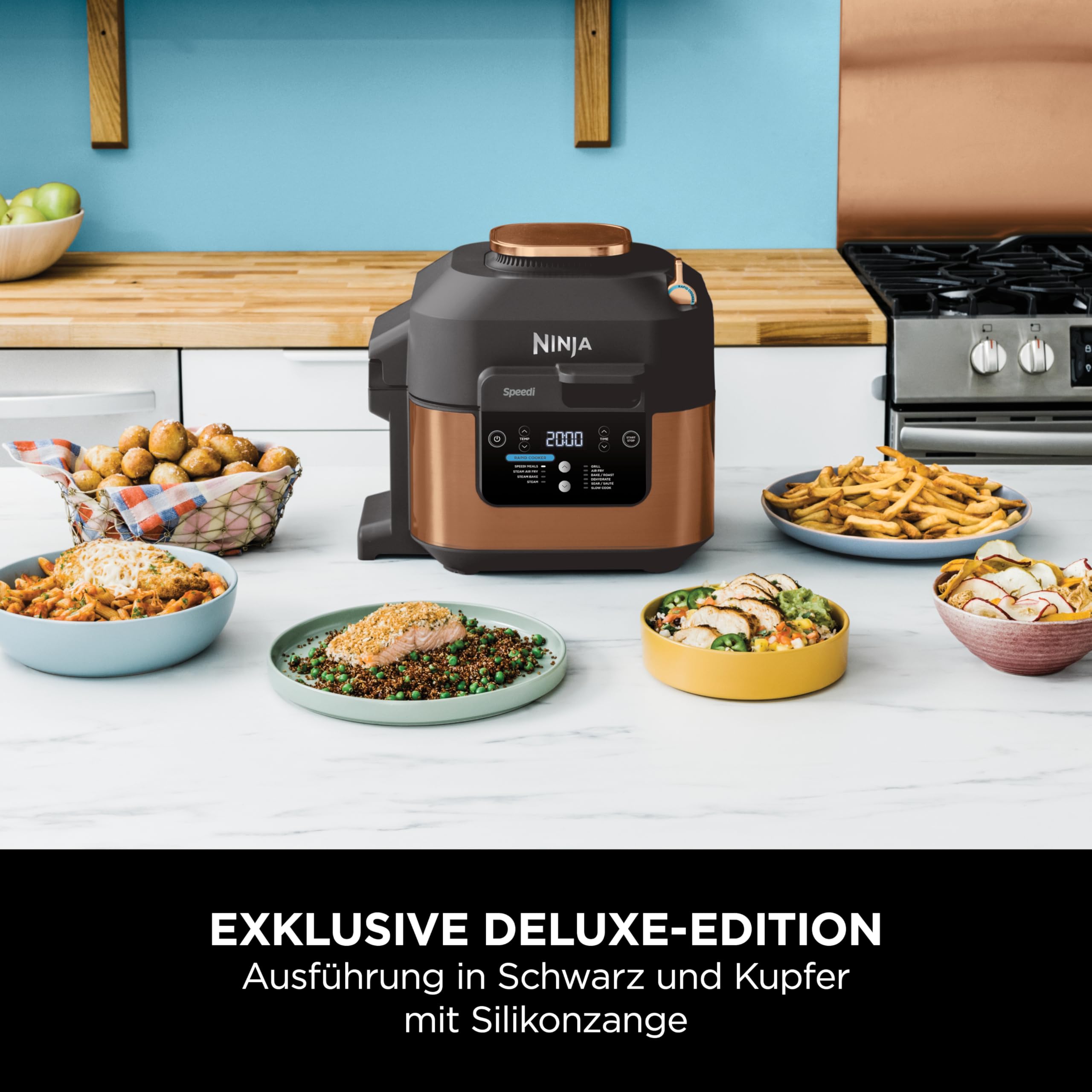 Ninja Speedi Multikocher, 5,7L, 10-in-1 Multicooker, Airfryer Heißluftfritteuse, Slow Cooker Langsamkochen, Grillen, Backen, Schwarz & Kupfer ON400EUCP