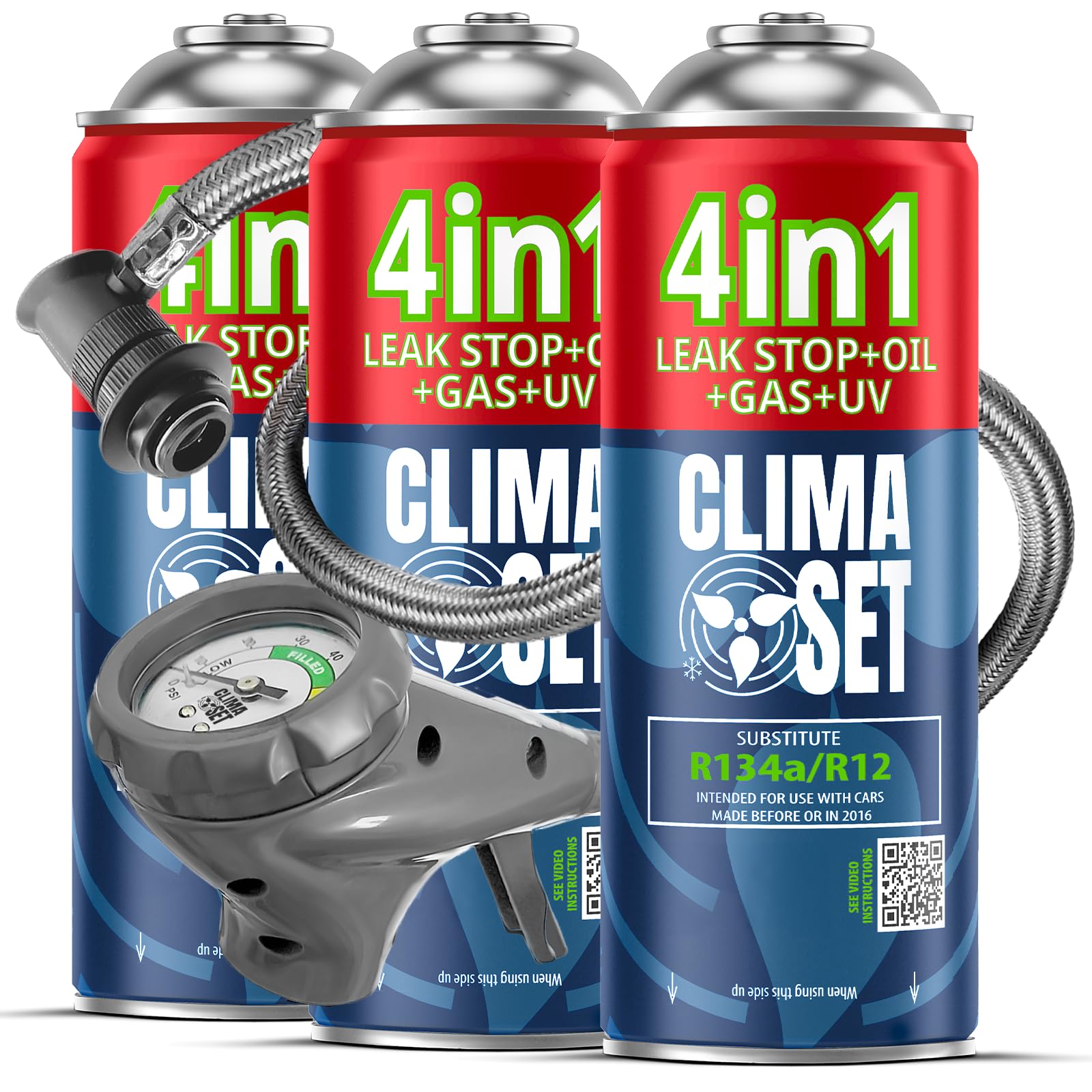 CLIMASET - Kit de Recarga de Aire Acondicionado para Coche - 3 Unidades 4 en 1 de sustituto R134a + Manguera - para vehículos de 1994 a 2016, Manguera Moderna y fácil de Usar, manómetro