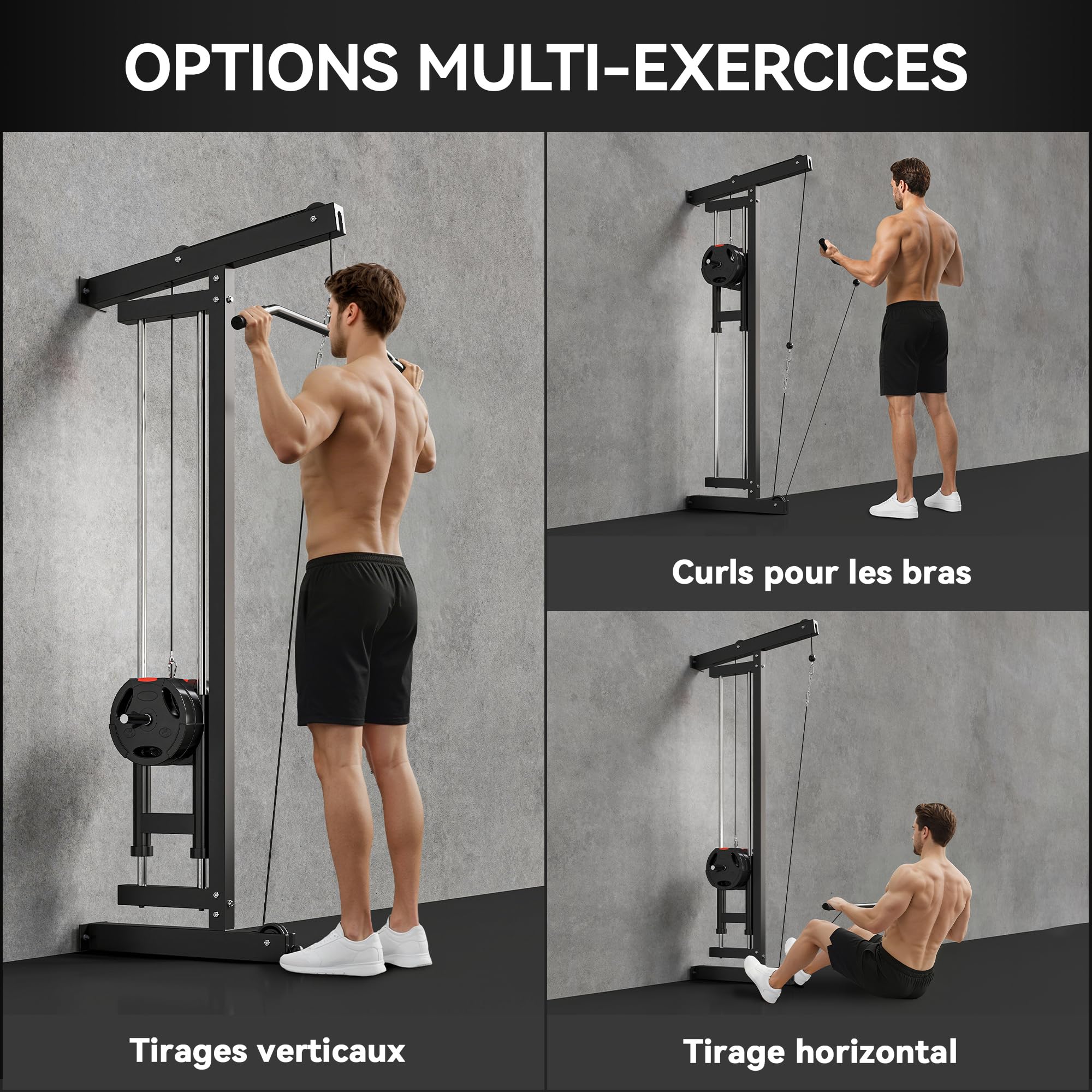 SPORTNOW Appareil de musculation mural, station de traction, station de musculation multifonction, poulie haute et basse, 2 poulies, barre de traction entraînement domicile, fitness, gym, maison, noir