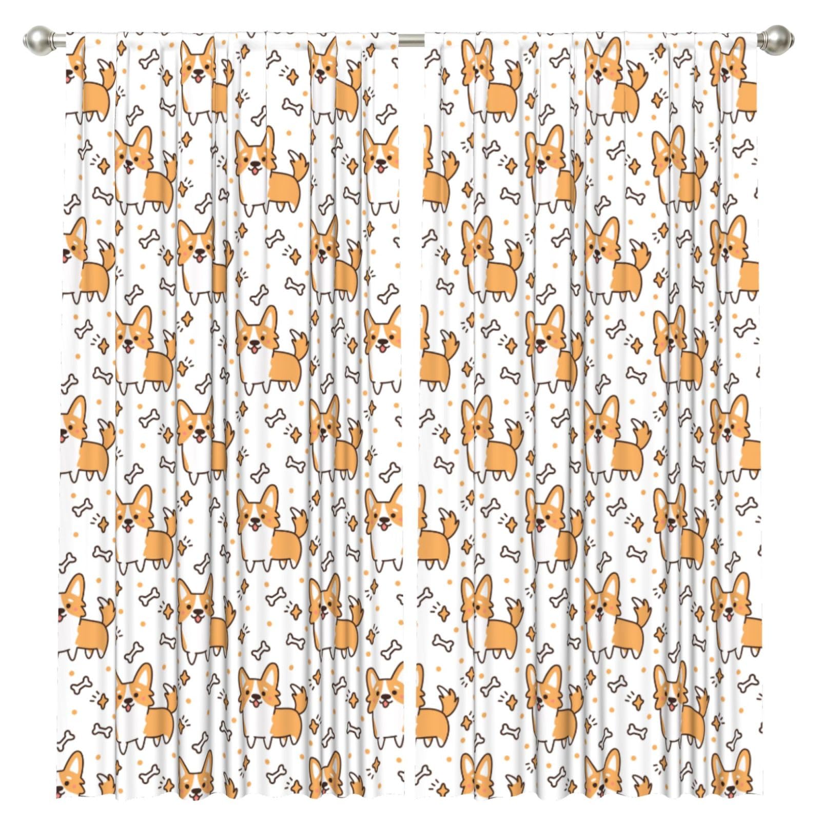 InOmak Cute Corgi Dog And Bone Pattern, 2 Panels Window Curtains 52 x 84 Inch Blackout Curtains for Living Room Bedroom