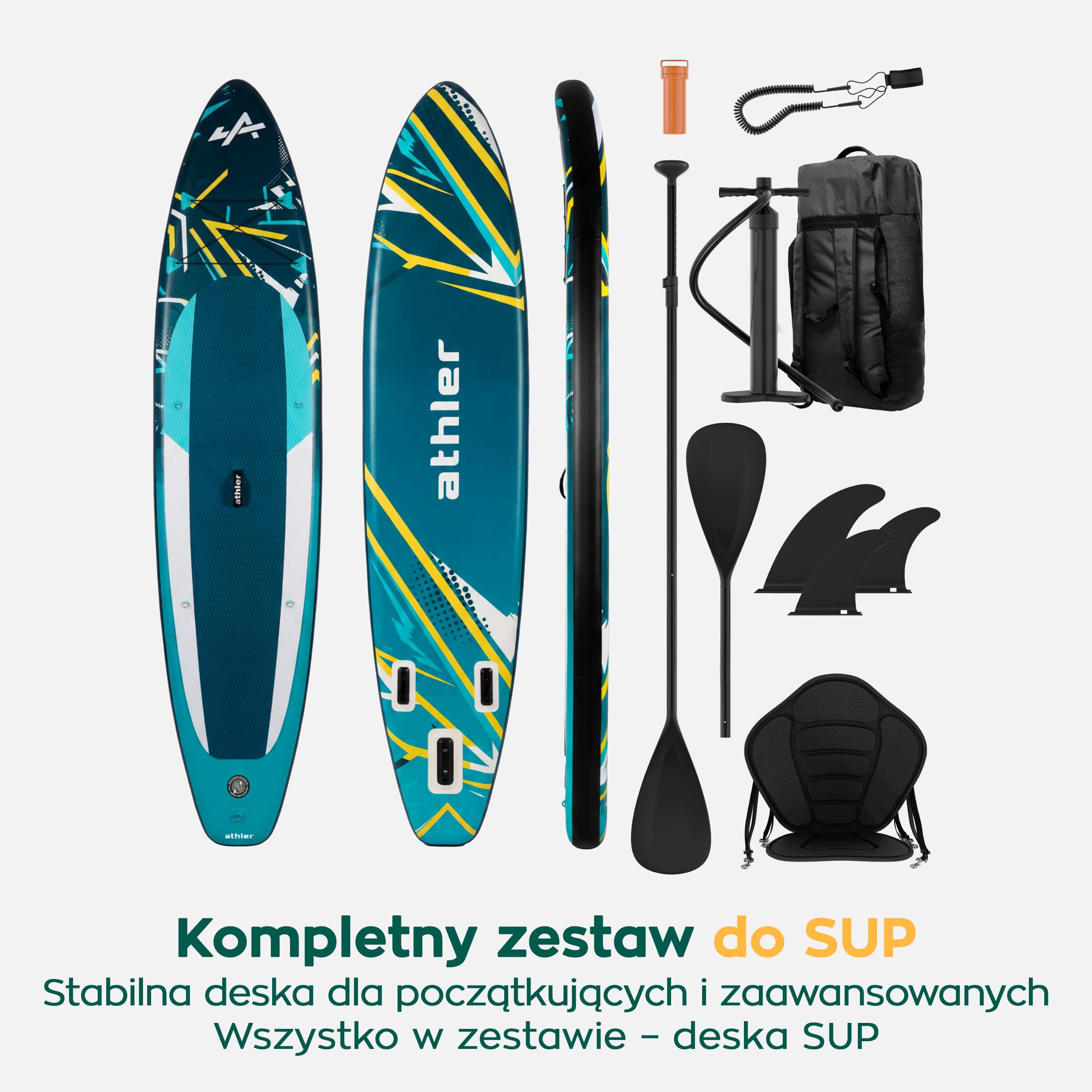 Athler Zander 350 Stand up Paddling Board - deska SUP do 180 kg - kompletny zestaw z siedziskiem kajakowym i wiosłem 2 w 1 - 350 x 80 cm