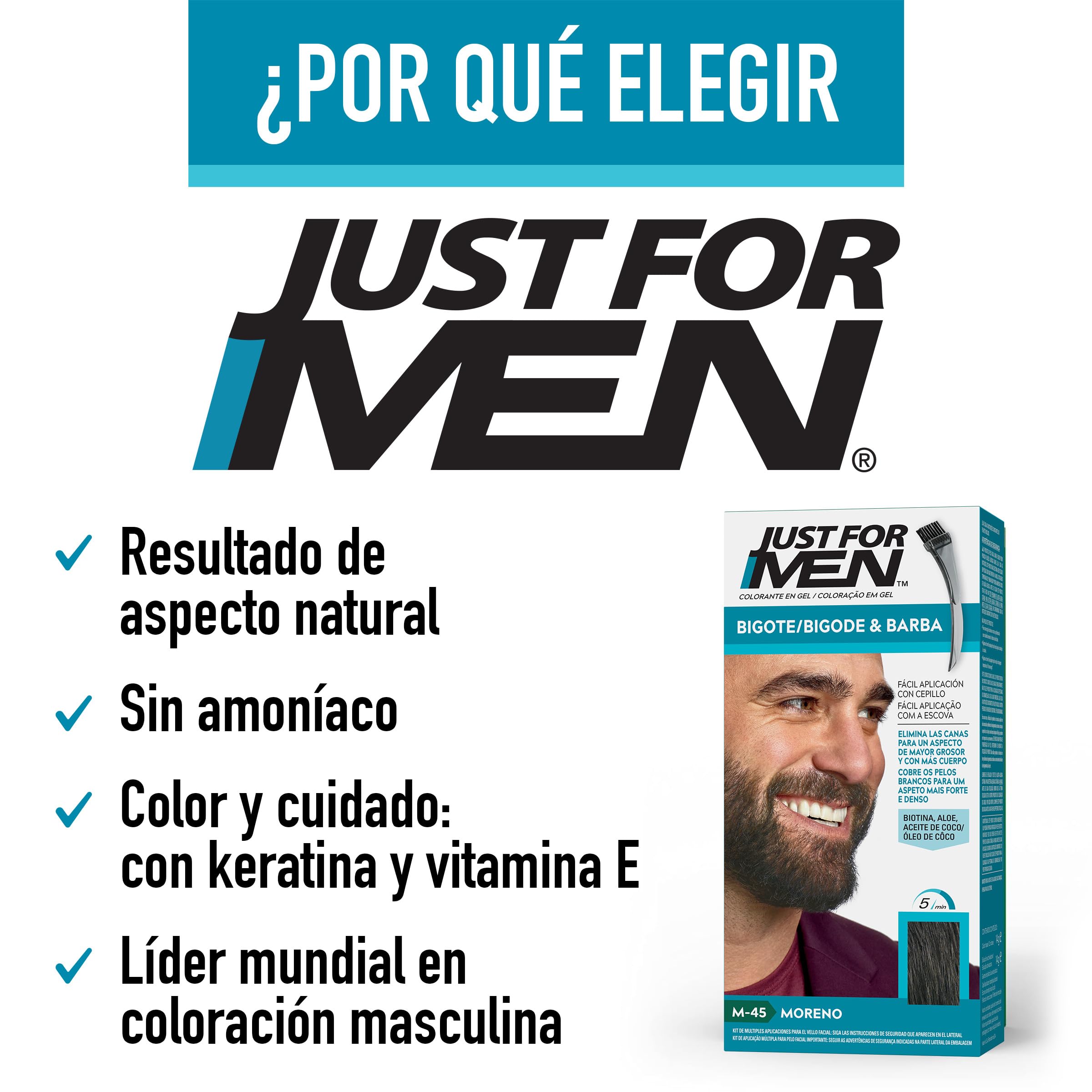 Just For Men Tinte Colorante En Gel Para Barba Y Bigote. Con Aloe y Aceite de Coco, para una Barba Sin Canas y con Aspecto Más Denso en 5 minutos. Tono Moreno, M45 (3 Pack)
