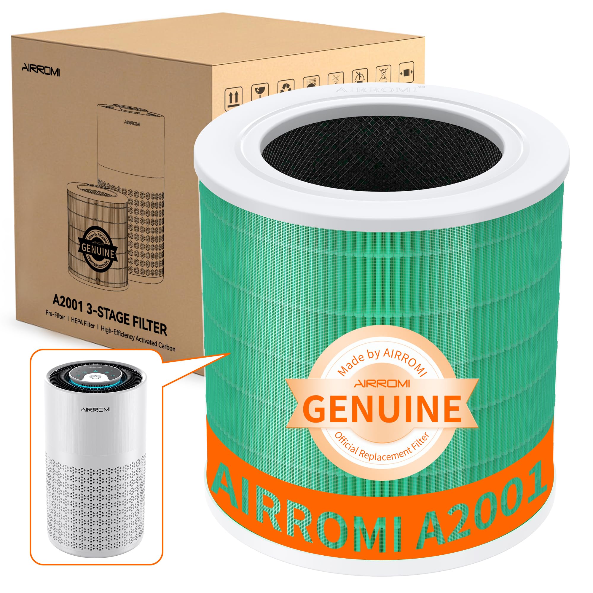 AIRROMI A2001 HEPA Air Purifier Replacement, 3-In-1 Original Filter, Removes 99.97% of 0.3 Micron Particles, Green Activated Carbon Filter - Toxin Absorber Specialty-1 Pack