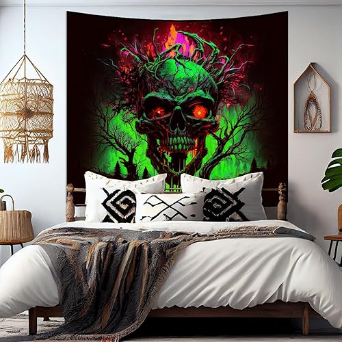 Miniatura 5 de SparkLia Tapiz de calavera de fuego con luz negra, tapiz para colgar en la pared, tapiz de neón de terror oscuro aterrador, bosque de esqueleto