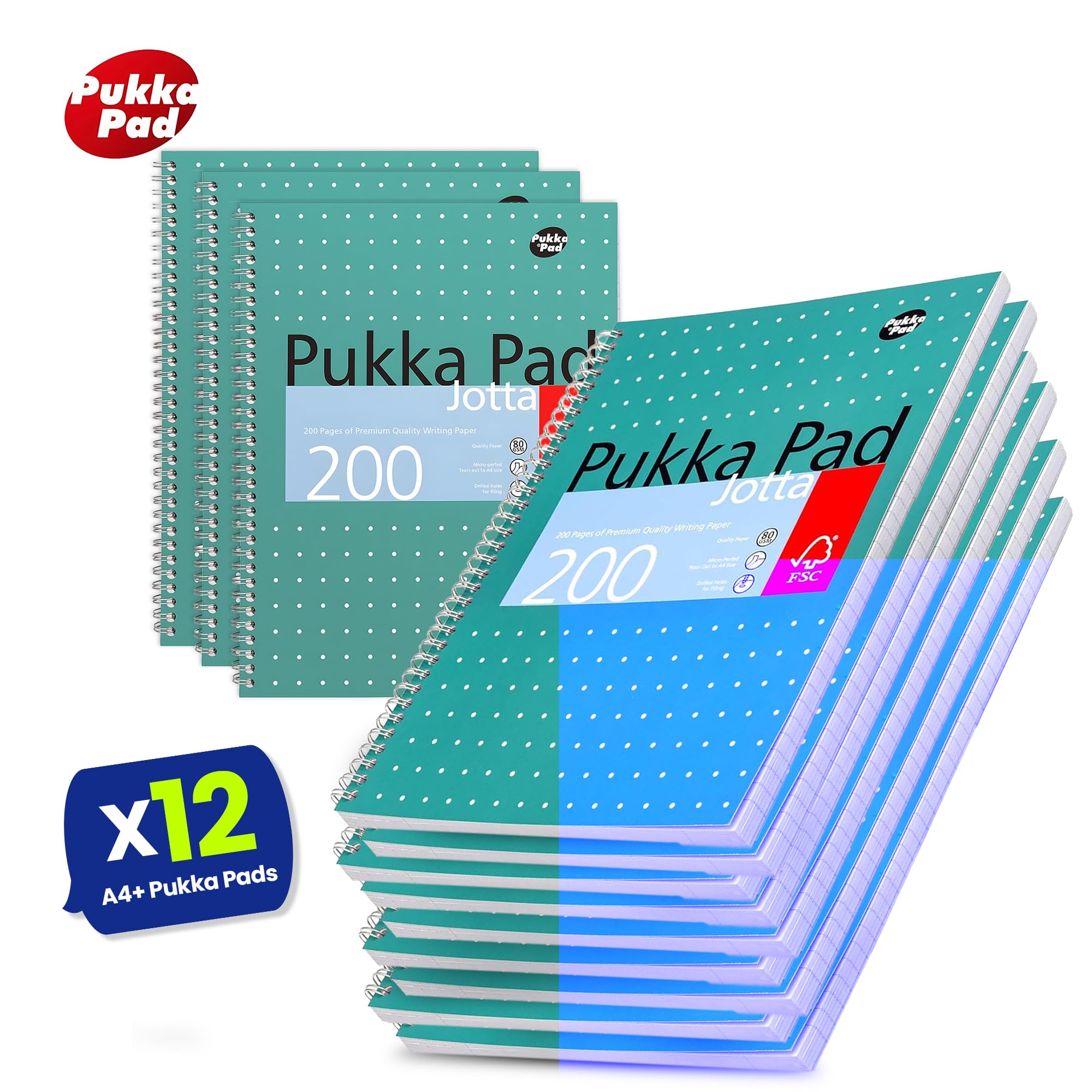 Pukka Pad A4+ Metallic Jotta Notizbuch, 22,5 x 29,6 cm, Spiralbindung, 80 g/m² Papier, 200 Seiten, 8 mm liniert mit 4-Loch-Rändern, perforierte Kanten, Notizbuch für Schule und Büro, Grün, 12 Stück