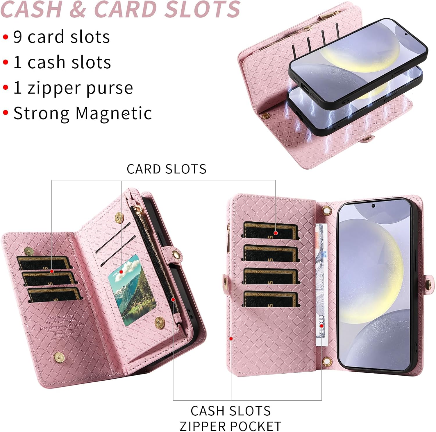 Asuwish Phone Case for Samsung Galaxy S24 Plus/S25 Plus S24+ S25+ 5G Zipper Wallet Detachable Cell Cover with Screen Protector Strap Flip Card Holder S24Plus 24S + S 24 24+ S25Plus 25S 25+ Women Pink