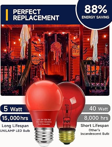 Miniatura 2 de Bombillas rojas A15 para decoración de Halloween, bombilla de color de 5 W equivalente a 40 vatios, bombilla LED roja de base media E26 para