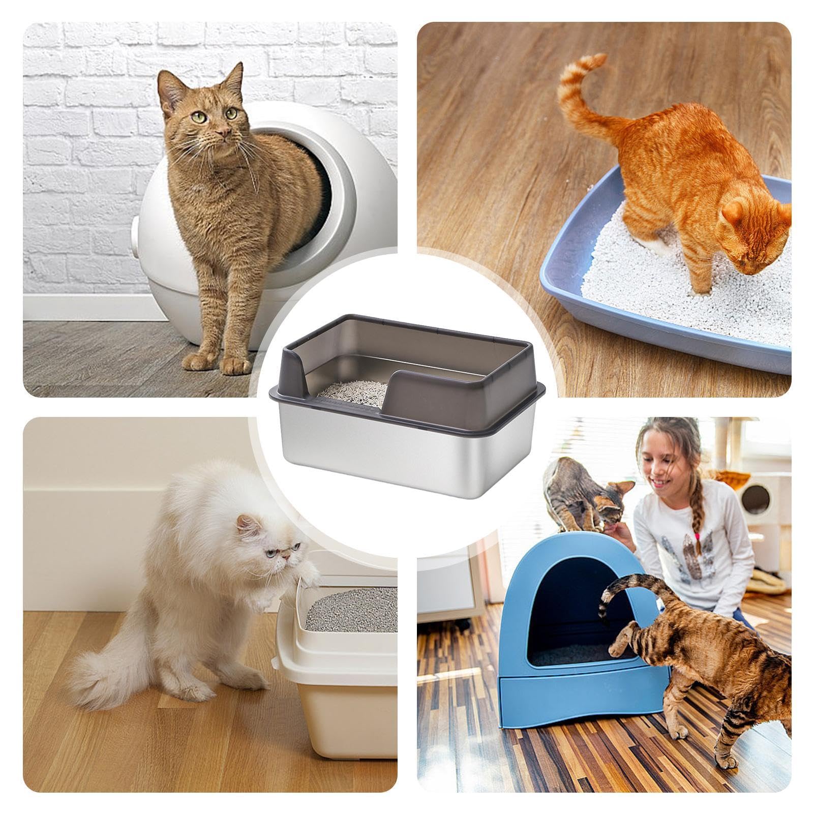 Lettiera per gatti grande, con apertura superiore, in acciaio inox, con lati alti e coperchio rimovibile, per gattini, conigli, furetti, porcellini d'
