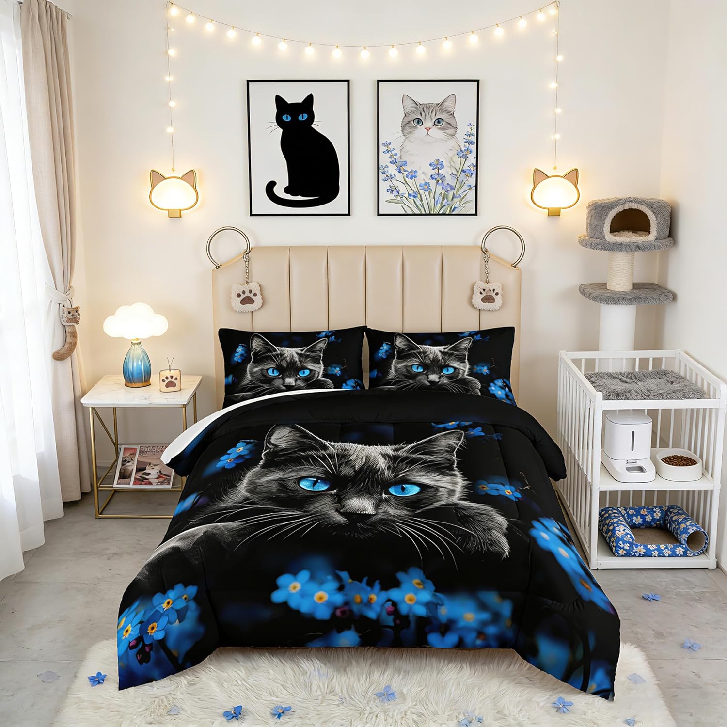Black Cat Comforter Set Full Size,Animal Themed Cute Cat Bedding Set for Kids Toddler Girls Boys Room Decor,Blue Floral Bedding Fluffy Comforters Sets with 2 Pillowcases.