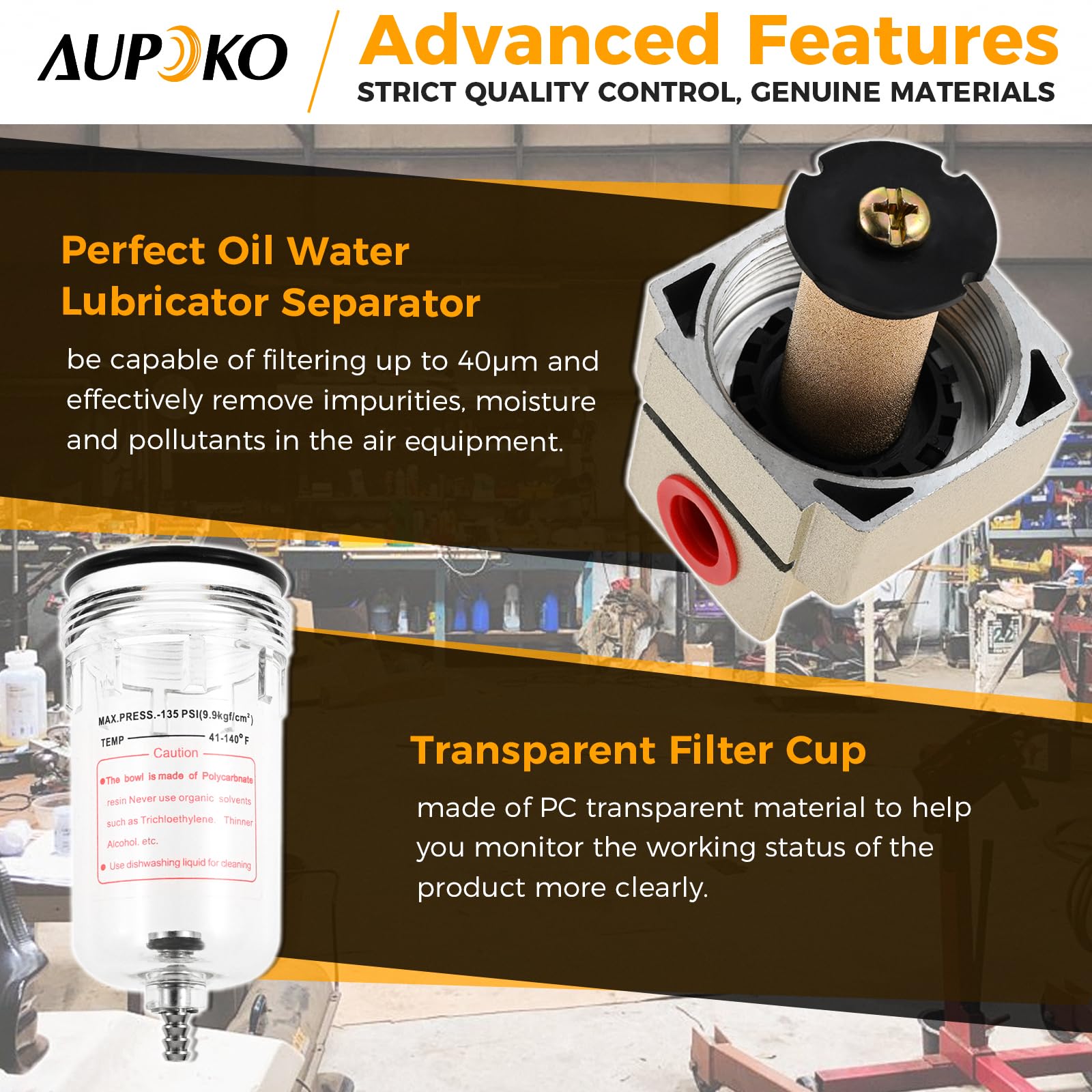 Aupoko 1/4 Inch Air Pressure Regulator, Water and Oil Trap Separator Compressor Air Line Filter - Image 2