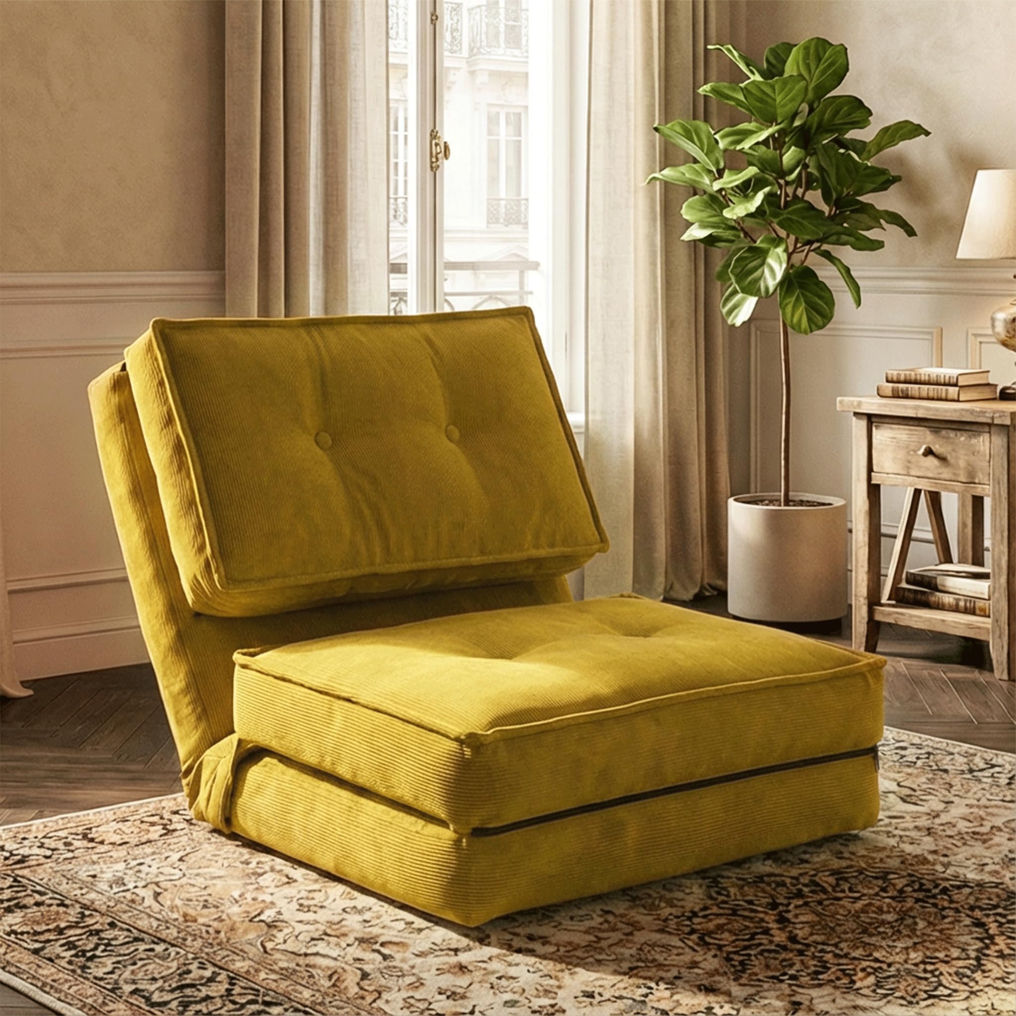 Fabulcozy Poltrona Letto 4-in-1, Schienale Regolabile 5 Posizioni in Velluto a Coste, Struttura in Ferro, Maniglia e Cinghie, Poltrona Multiuso per Soggiorno, Ufficio,Giallo