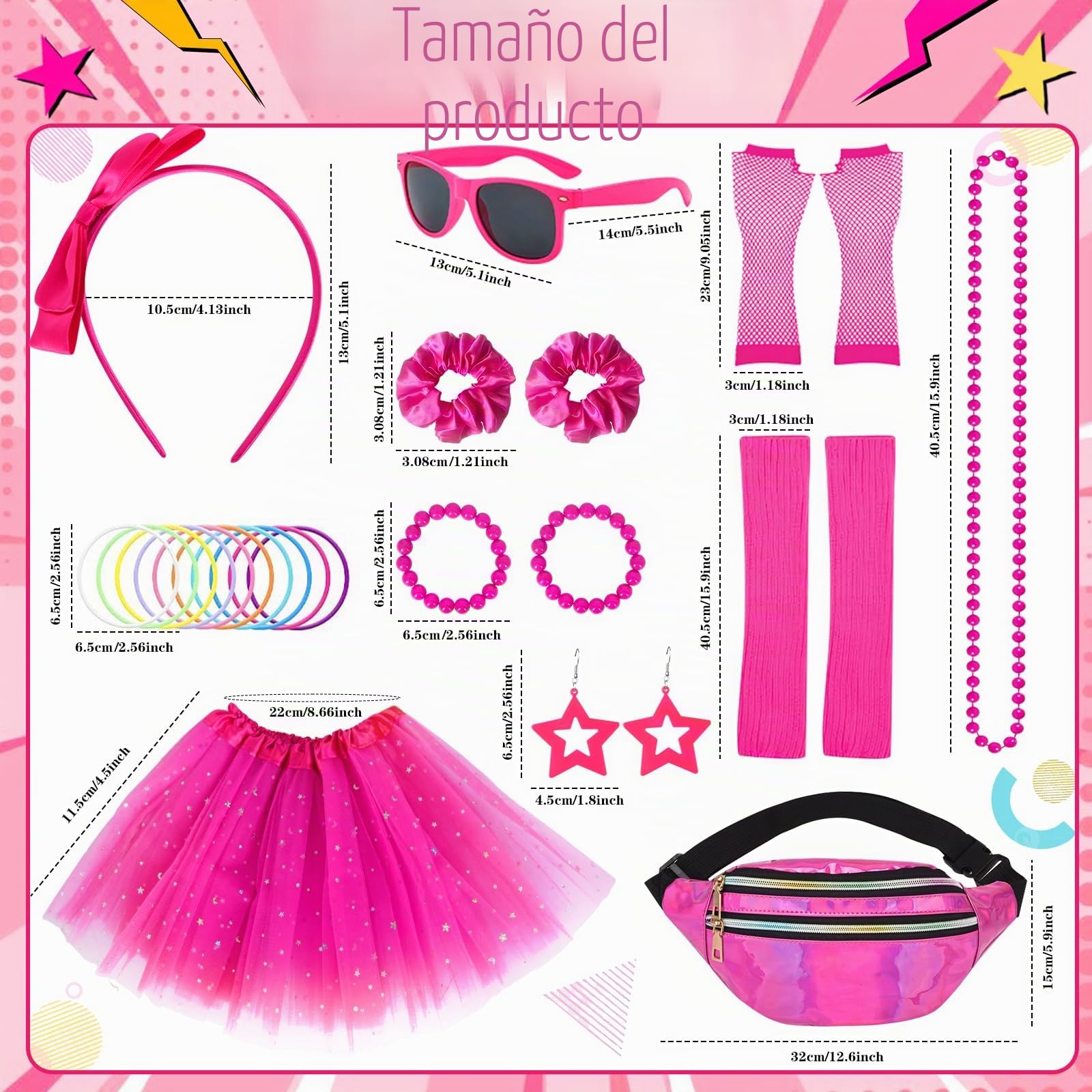 Juego de Accesorios de Disfraz de Los Años 80 para Niña, Vestimenta Retro con Tutú, Guantes de Red, Diadema con Lazo, Leggings, Collares, Pulseras y Gafas para Niña Fiesta Temática de los 80