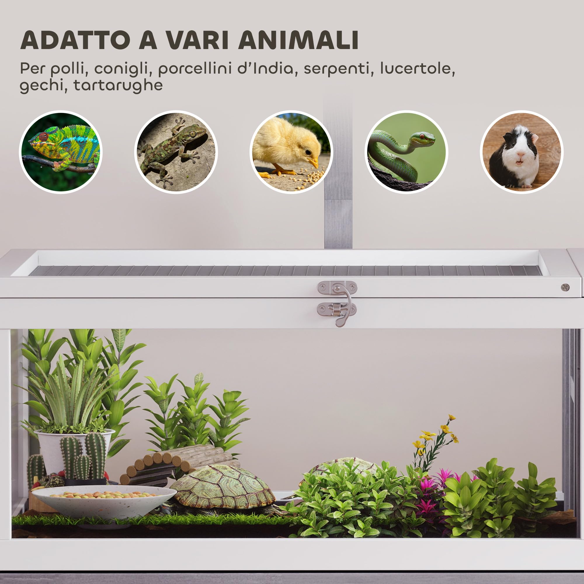 PawHut Casetta Tartarughe Rialzata Divisorio 104x53x82 cm Grigio e Bianco | Vassoio Estraibile, 2 Coperchi, Tartarughiera in Legno di Abete e PS