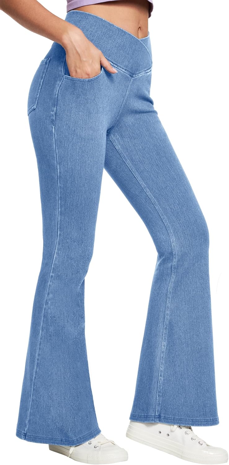 IUGA High Waisted Bell Bottom Jeans for Women Flare Stretchy Jeans Pull On Wide Leg Jean Woman V Cross Flare Leggings Pants