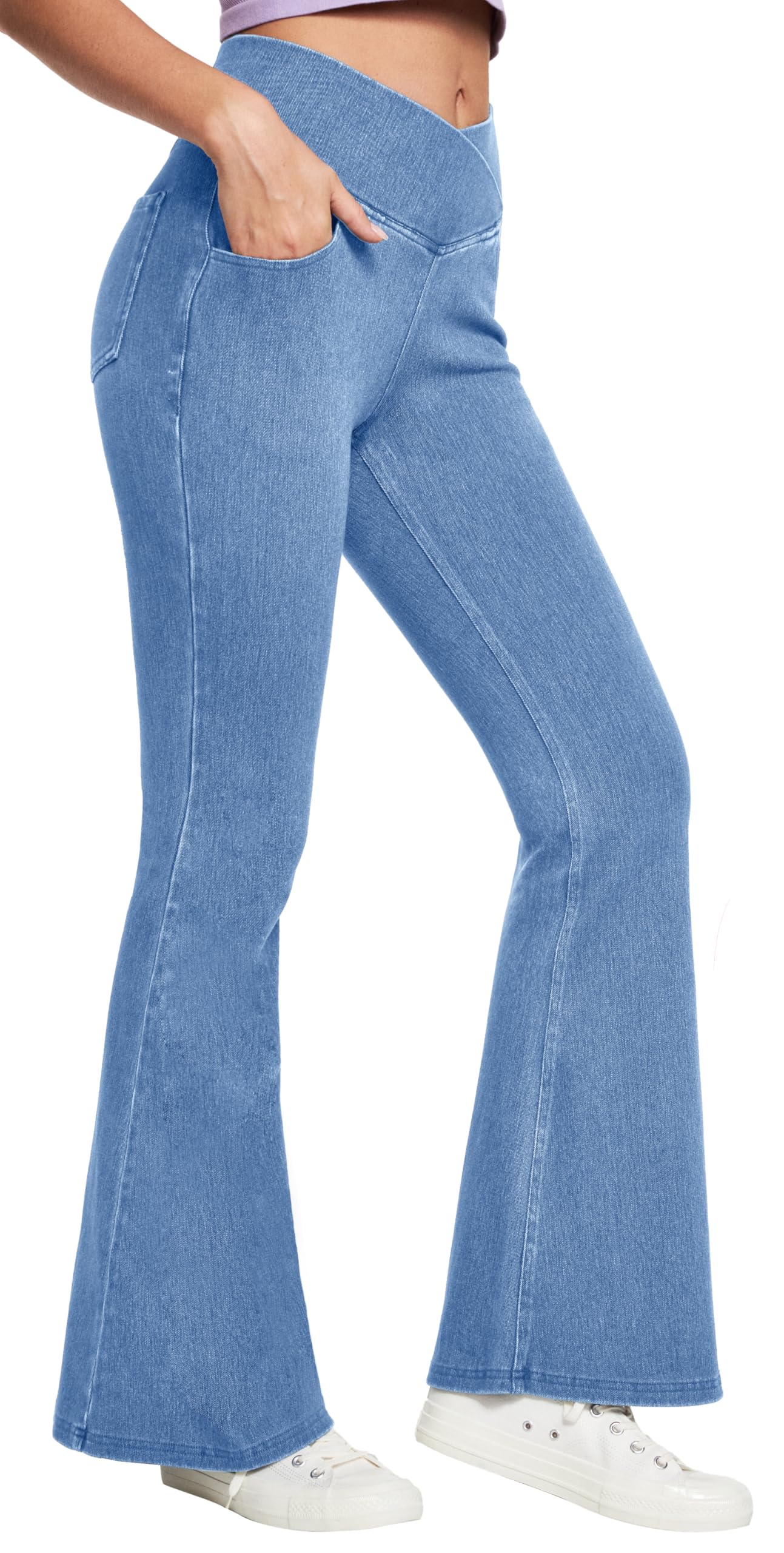 IUGA Bell Bottom Jeans for Women High Waisted Stretchy Flare Jeans Pull On Wide Leg Jeans V Cross Tummy Control Flare Pants
