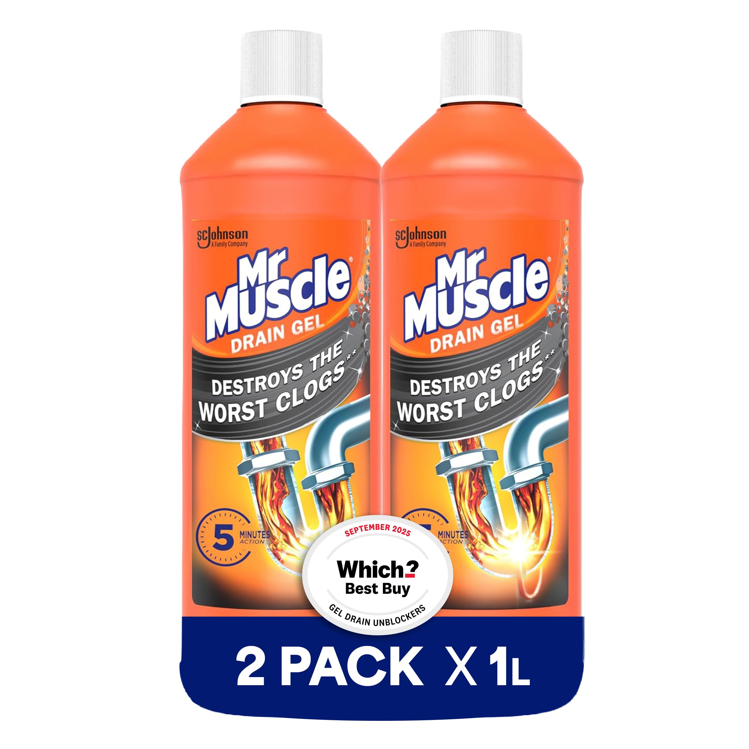 Mr Muscle Drain Unblocker, Sink & Drain Cleaner, Fast Acting Heavy Duty Drain Gel, Dissolves Clogs, Works 3X Better Than Bleach, Safe For All Pipes, Duo Pack,